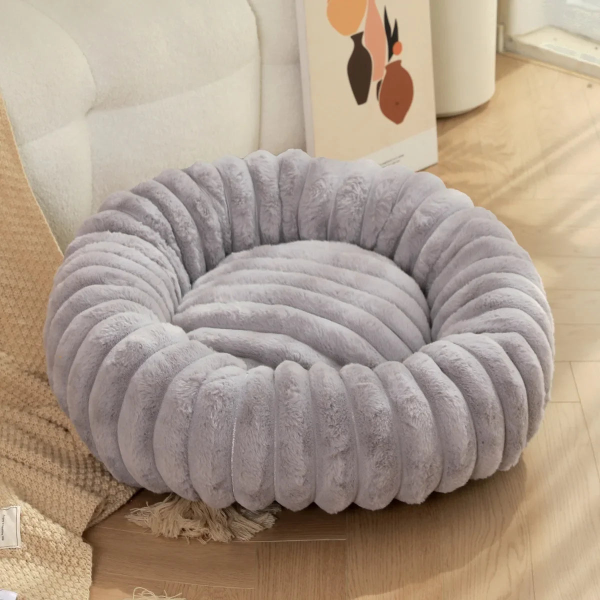 Round Plush Pet Bed For Dogs And Cats Winter Warm Cozy