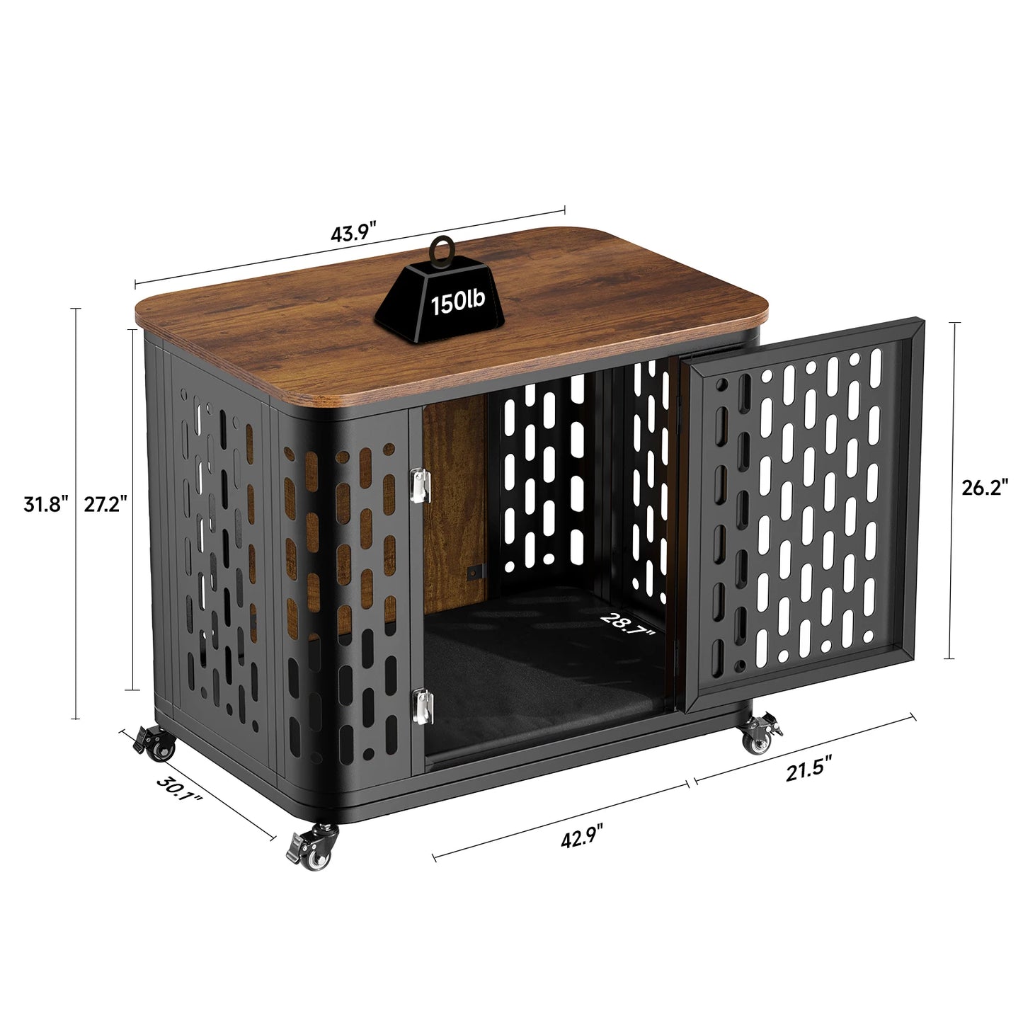 Onbrill Dog Crate Pet Furniture Wood Kennel With Cushion And Wheels