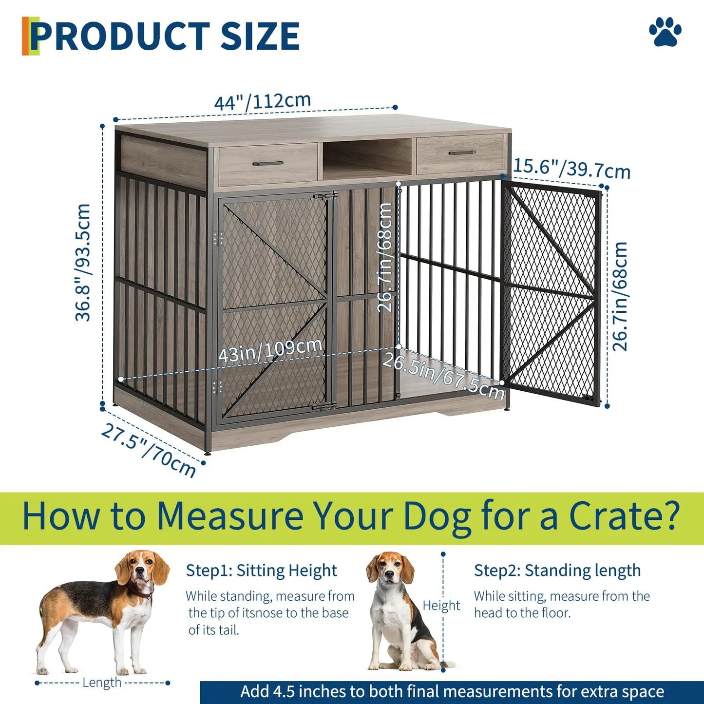 HiMISS Heavy Duty Dog Crate Furniture Kennel Table With Drawers