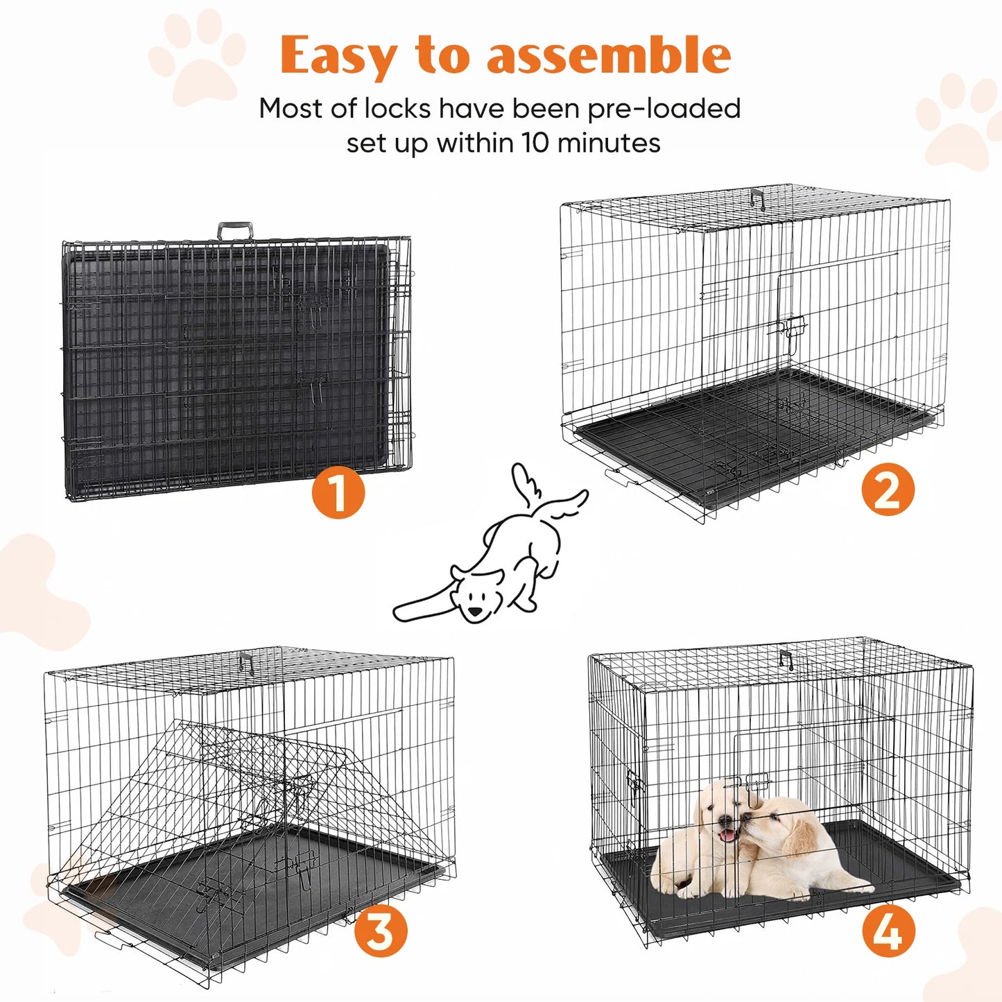 JHK Double Door Folding Metal Dog Cage With Leakproof Pan