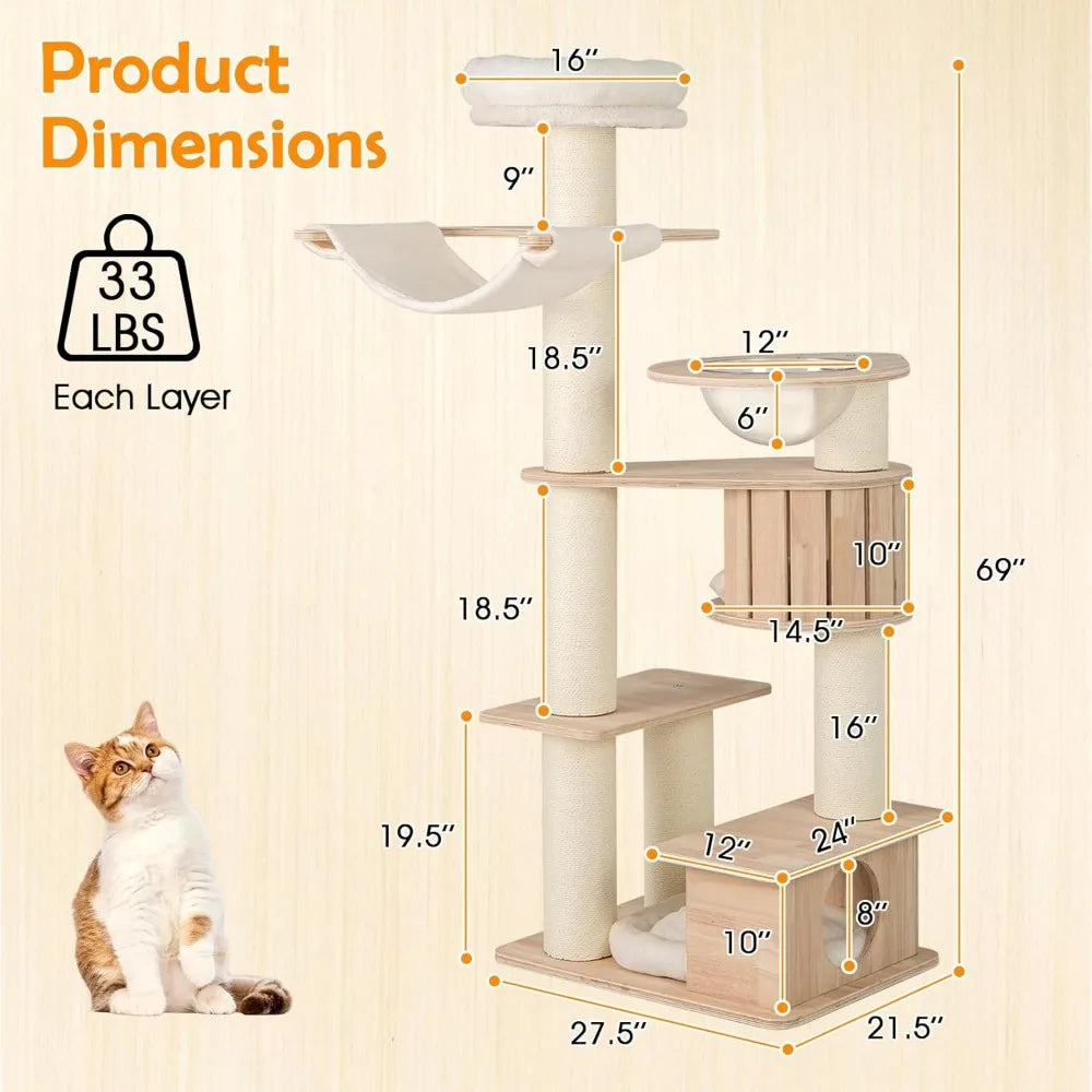 Tall Wood Cat Tree With Multi Level Condos And Posts