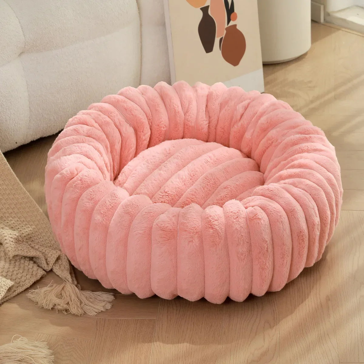 Round Plush Pet Bed For Dogs And Cats Winter Warm Cozy