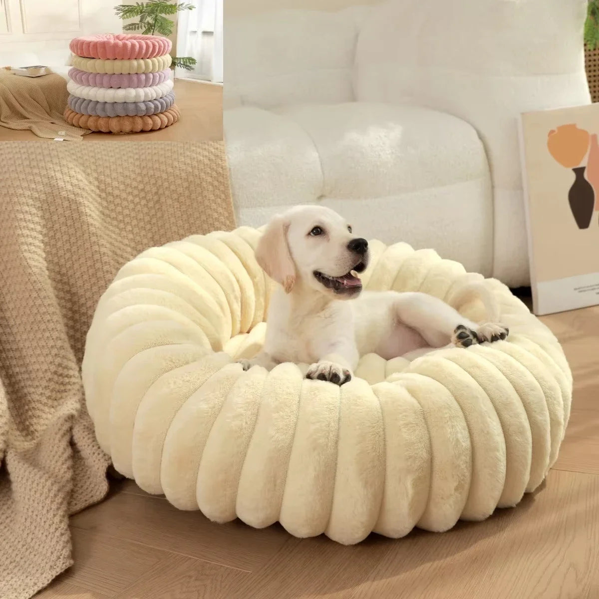 Round Plush Pet Bed For Dogs And Cats Winter Warm Cozy