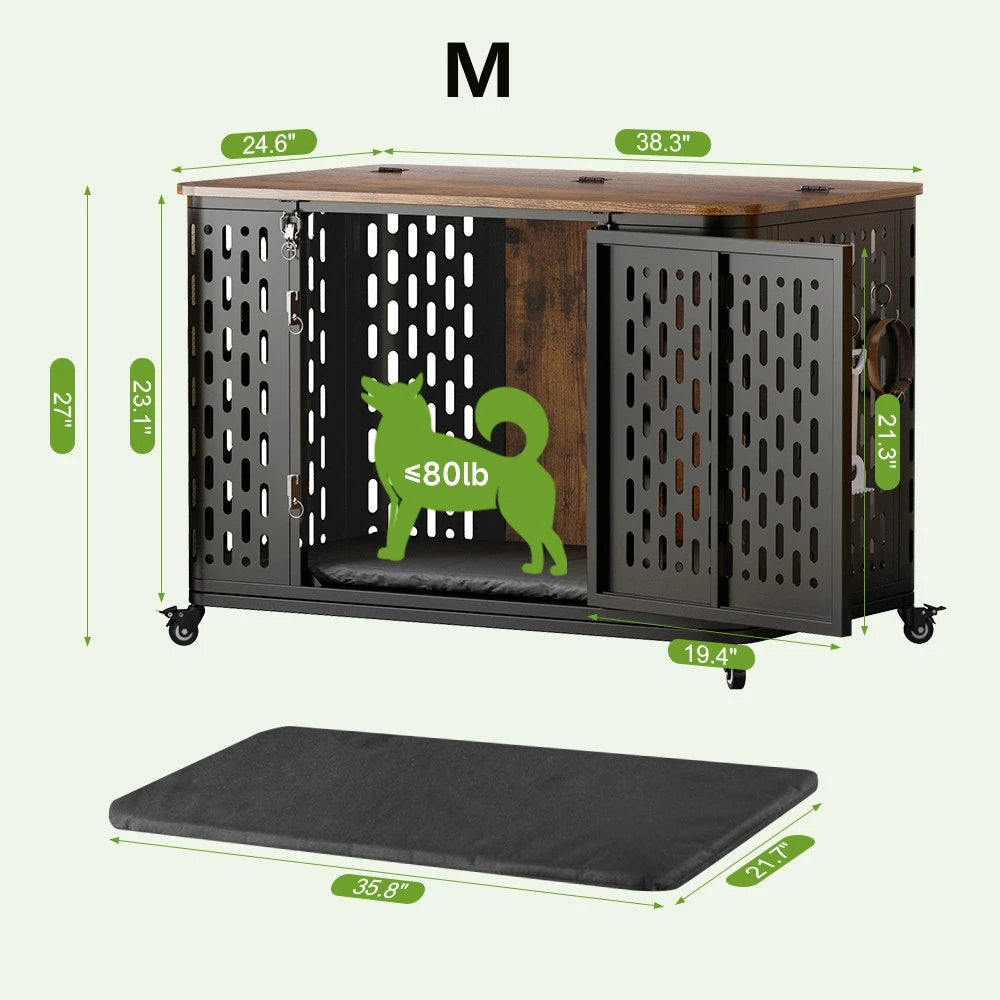 Onbrill Dog Crate Pet Furniture Wood Kennel With Cushion And Wheels