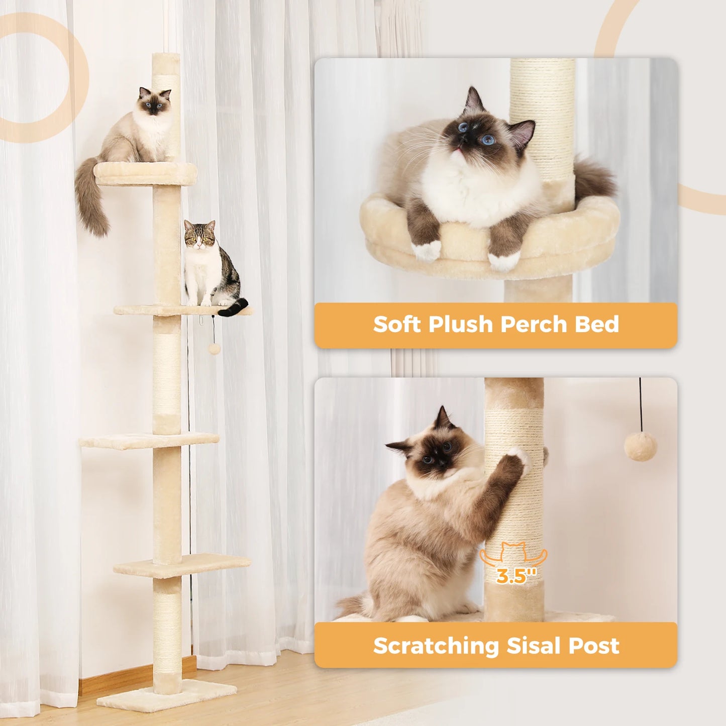 PEQULTICN Adjustable Height Cat Tree Floor to Ceiling Tower with Scratching Posts