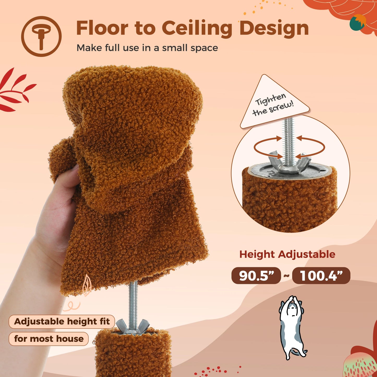 PETEPELACN Cat Tree Floor-To-Ceiling Tower With Condo Hammock