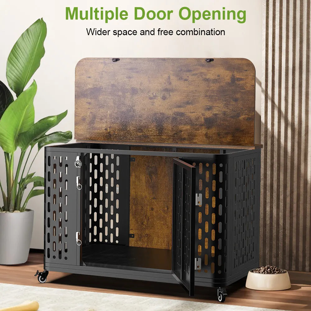 Onbrill Dog Crate Pet Furniture Wood Kennel With Cushion And Wheels