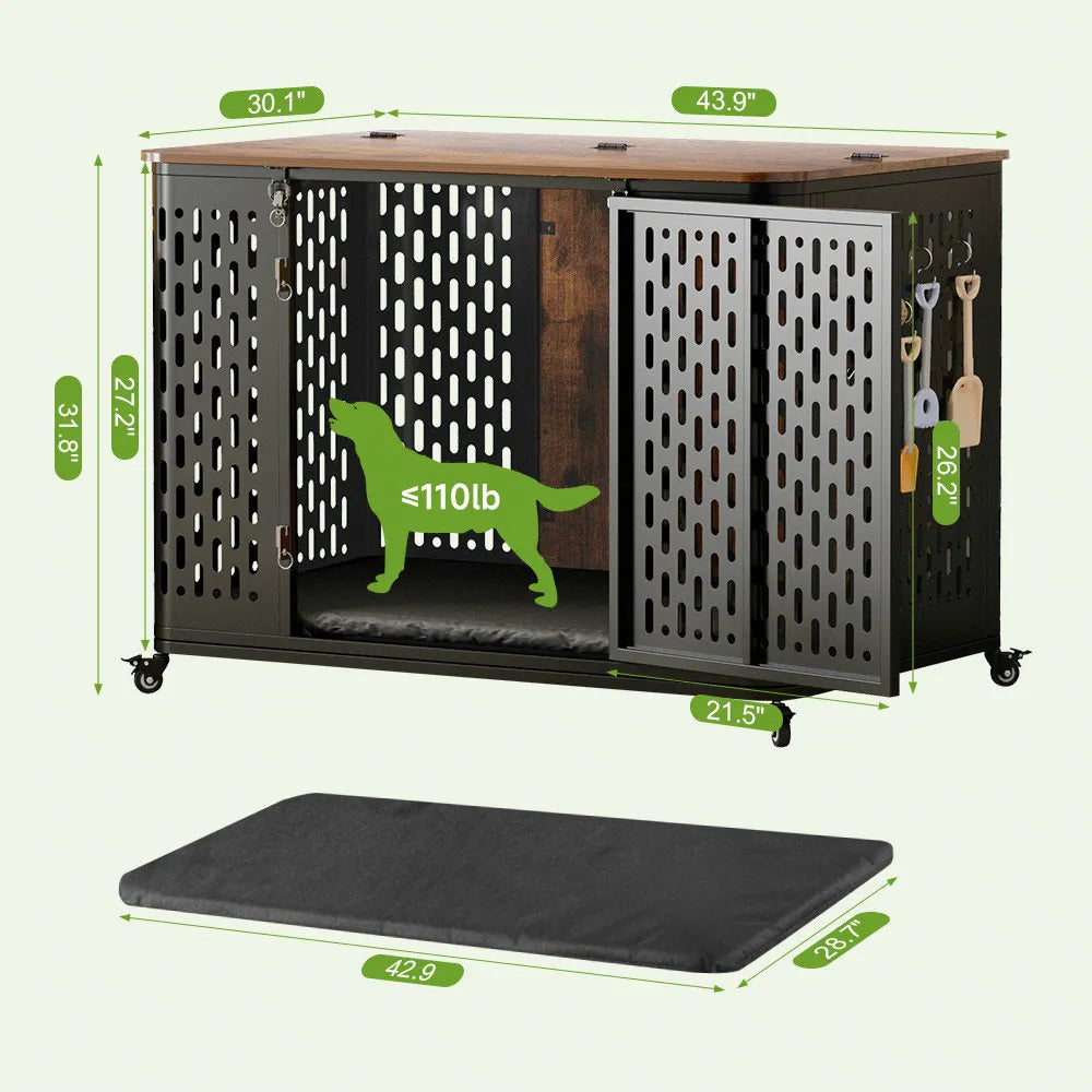 Onbrill Dog Crate Pet Furniture Wood Kennel With Cushion And Wheels