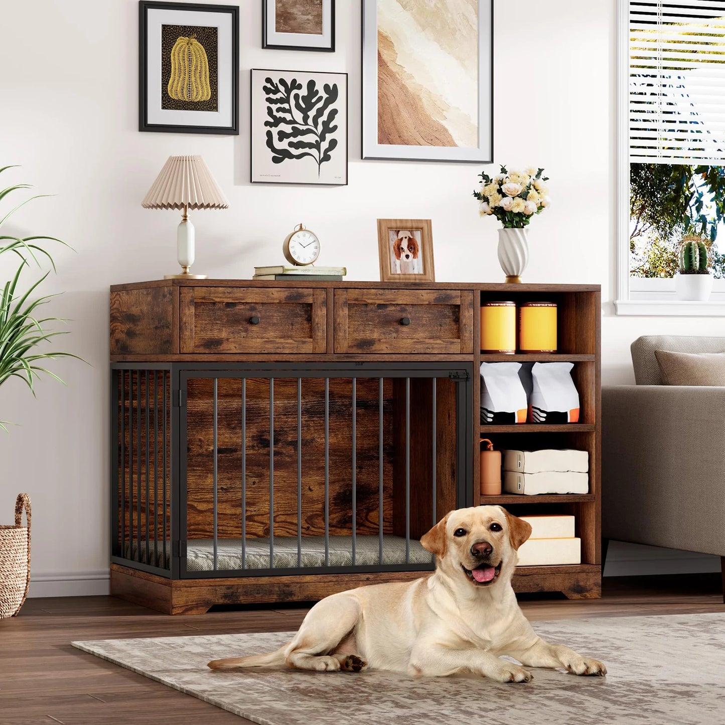 HiMISSDog Dog Crate Furniture TV Stand With Drawers And Shelves