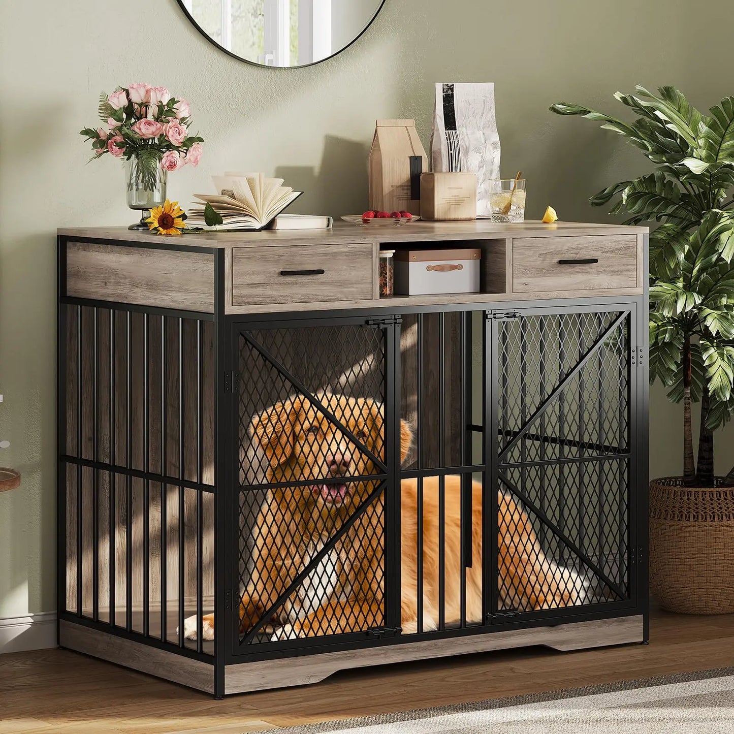 HiMISS Heavy Duty Dog Crate Furniture Kennel Table With Drawers