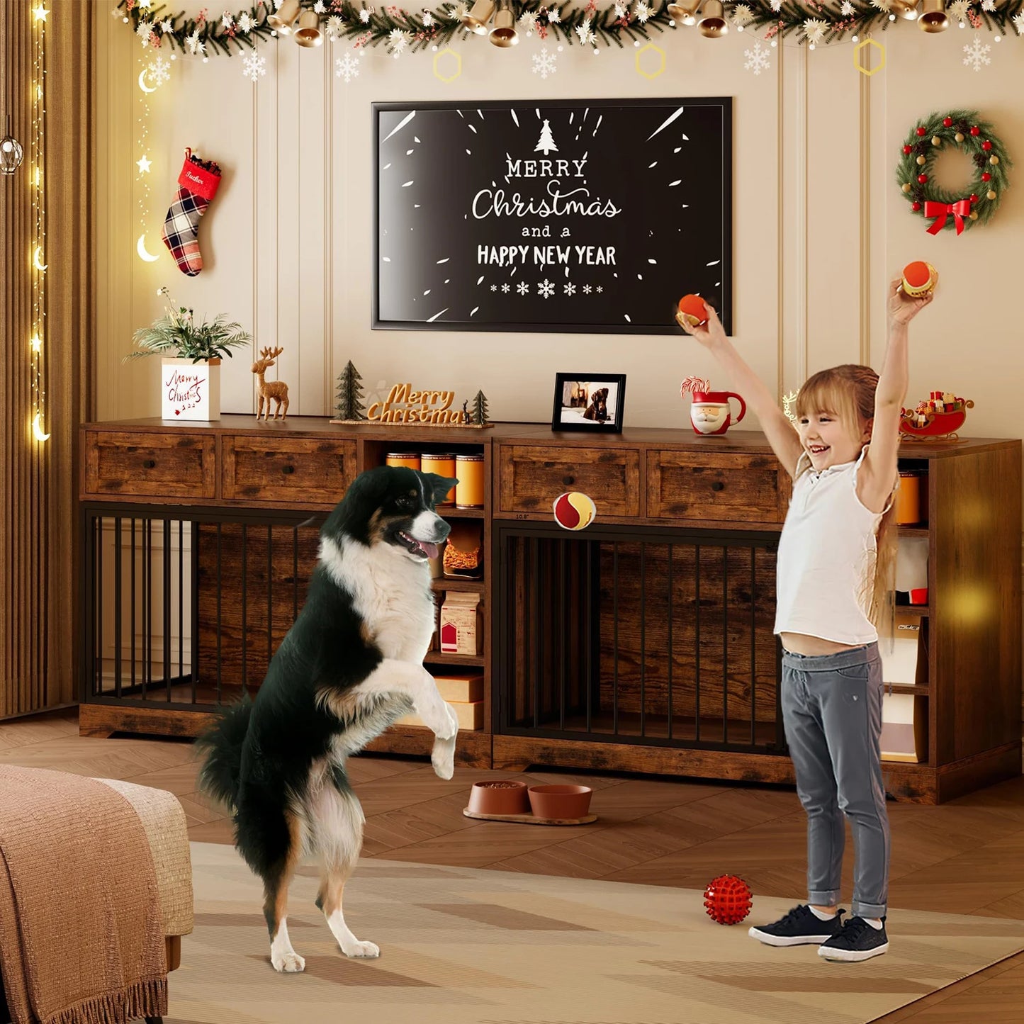 HiMISSDog Dog Crate Furniture TV Stand With Drawers And Shelves