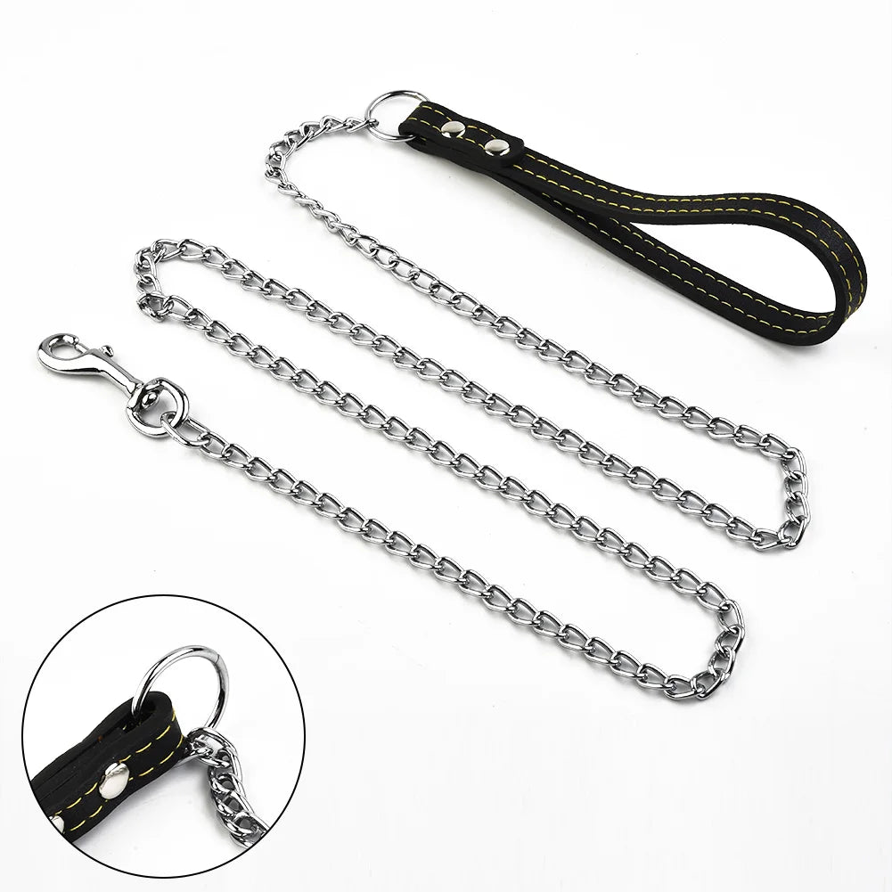 NONECN Metal Chain Dog Lead With Leather Handle