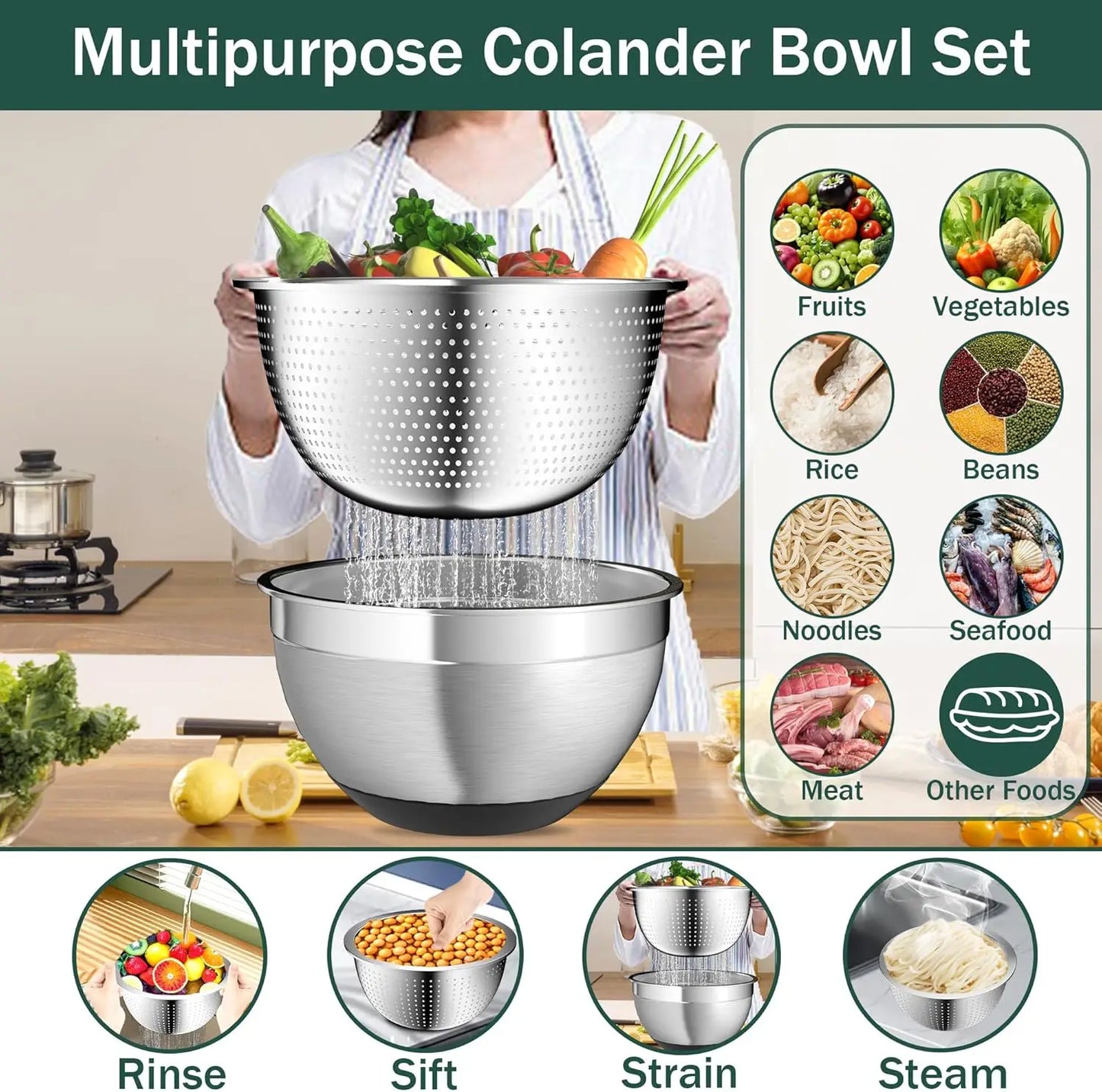 Stainless Steel Mixing Bowl Set With Nesting Bowls Colander Grater