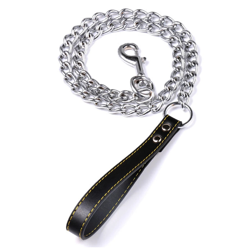 NONECN Metal Chain Dog Lead With Leather Handle