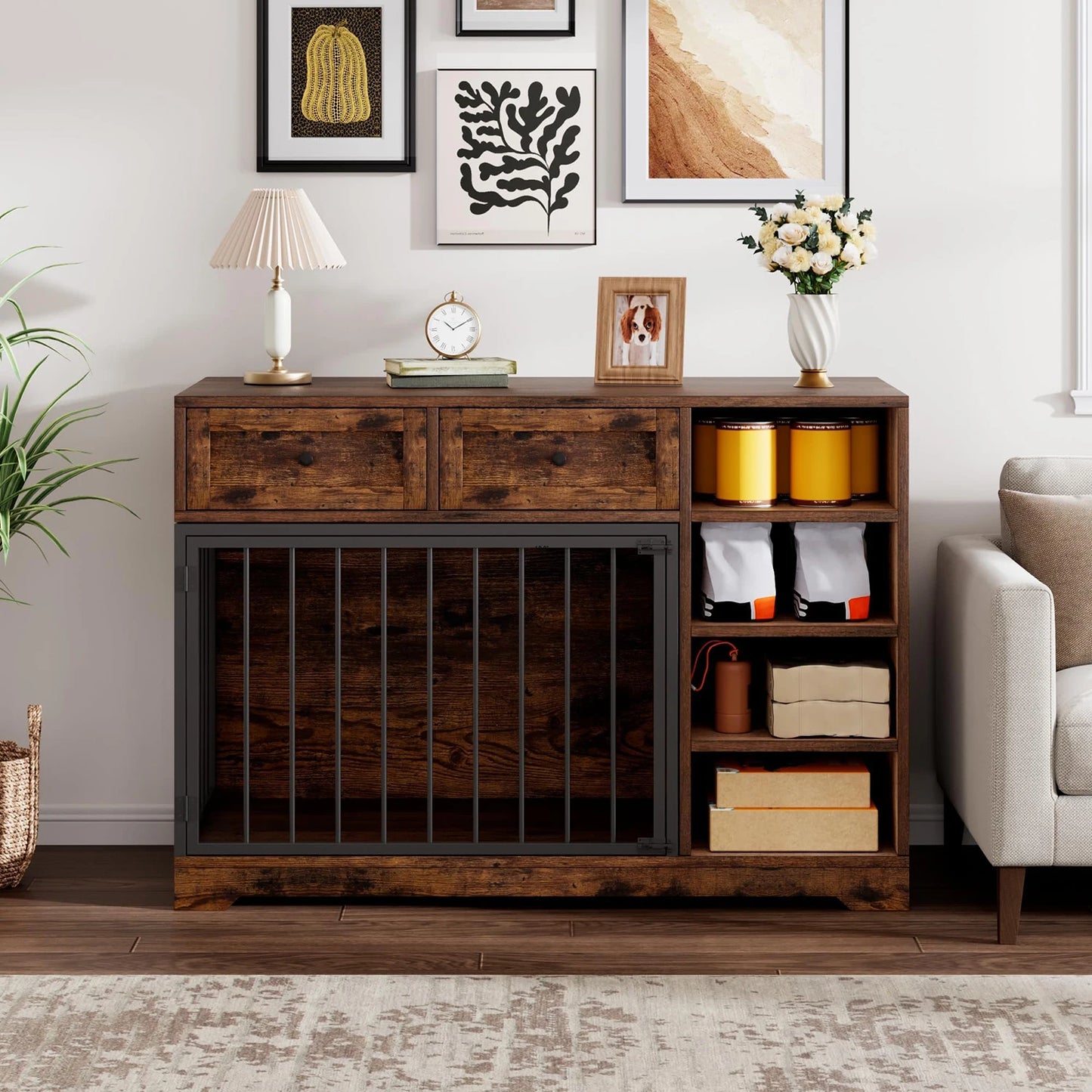 HiMISSDog Dog Crate Furniture TV Stand With Drawers And Shelves