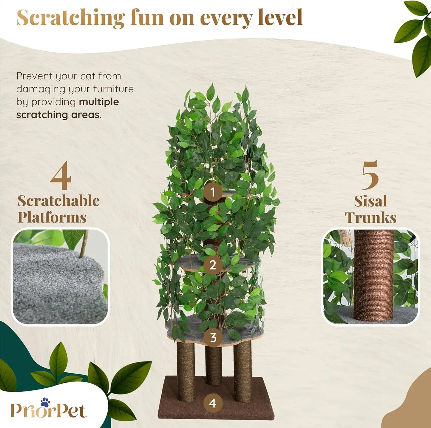 Stable Cat Tree With Leaves, Space Saving 4 Levels and Scratching Posts