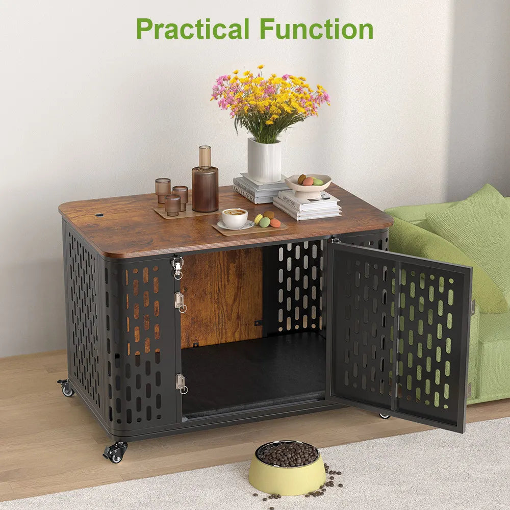 Onbrill Dog Crate Pet Furniture Wood Kennel With Cushion And Wheels