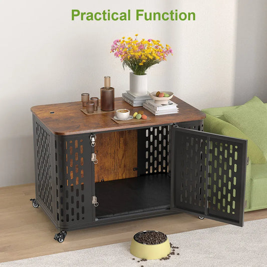 Onbrill Dog Crate Pet Furniture Wood Kennel With Cushion And Wheels