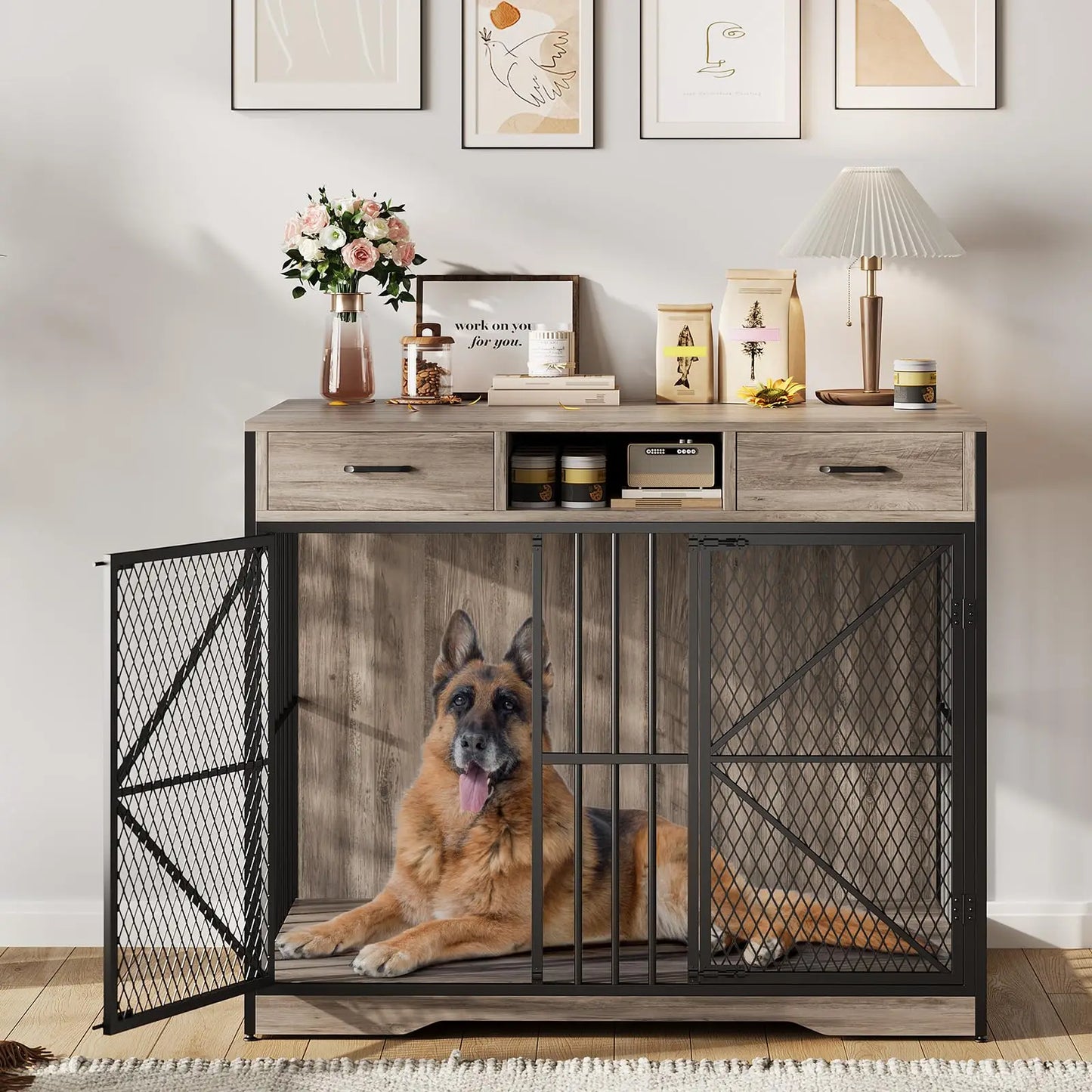 HiMISS Heavy Duty Dog Crate Furniture Kennel Table With Drawers