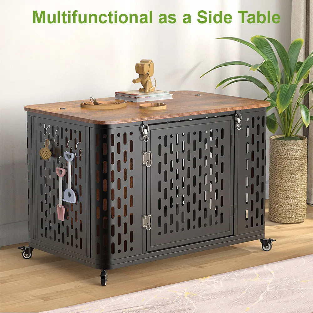 Onbrill Dog Crate Pet Furniture Wood Kennel With Cushion And Wheels