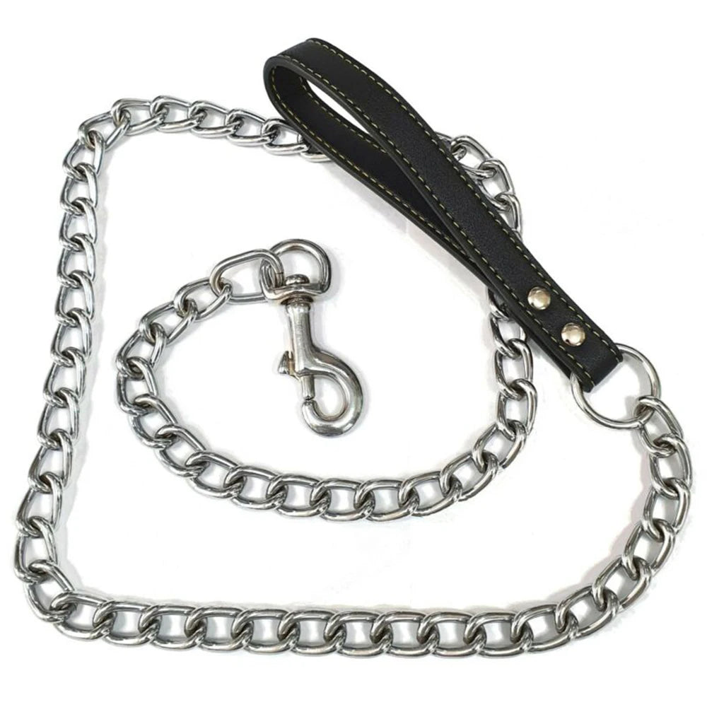 NONECN Metal Chain Dog Lead With Leather Handle