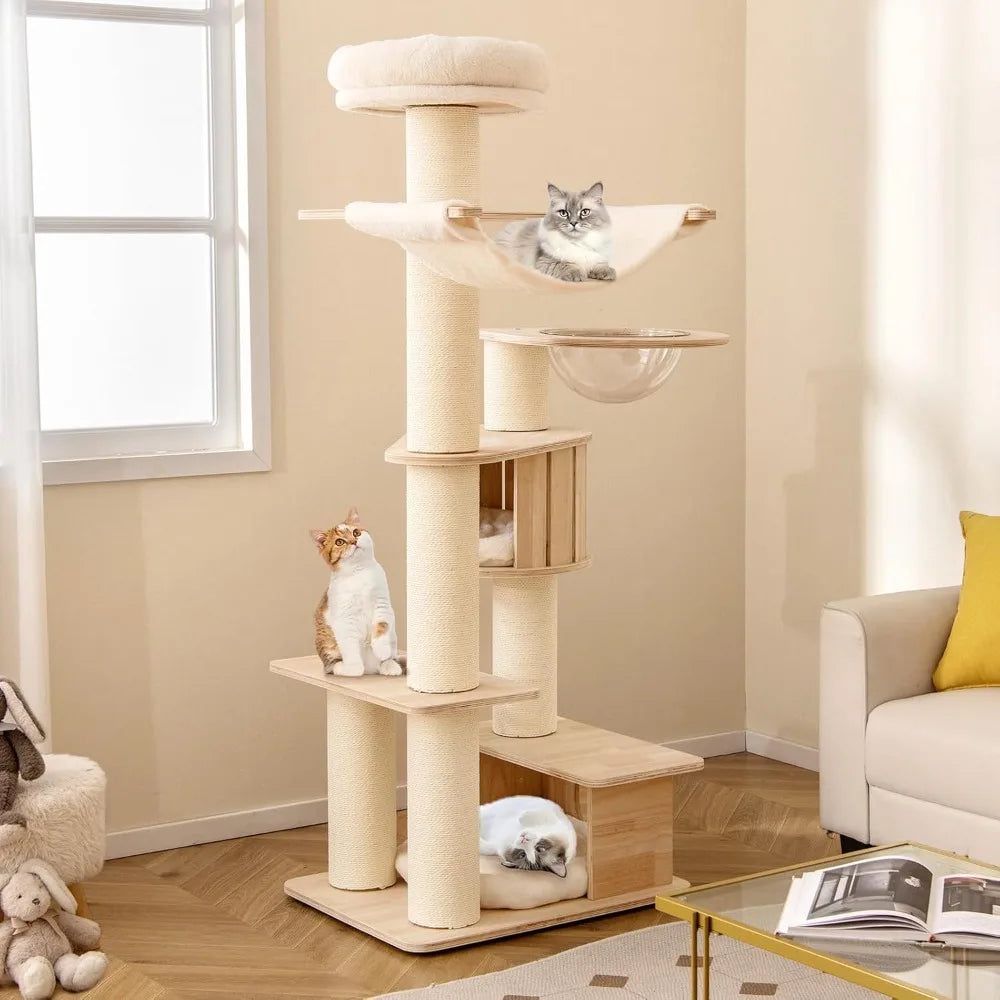 Tall Wood Cat Tree With Multi Level Condos And Posts