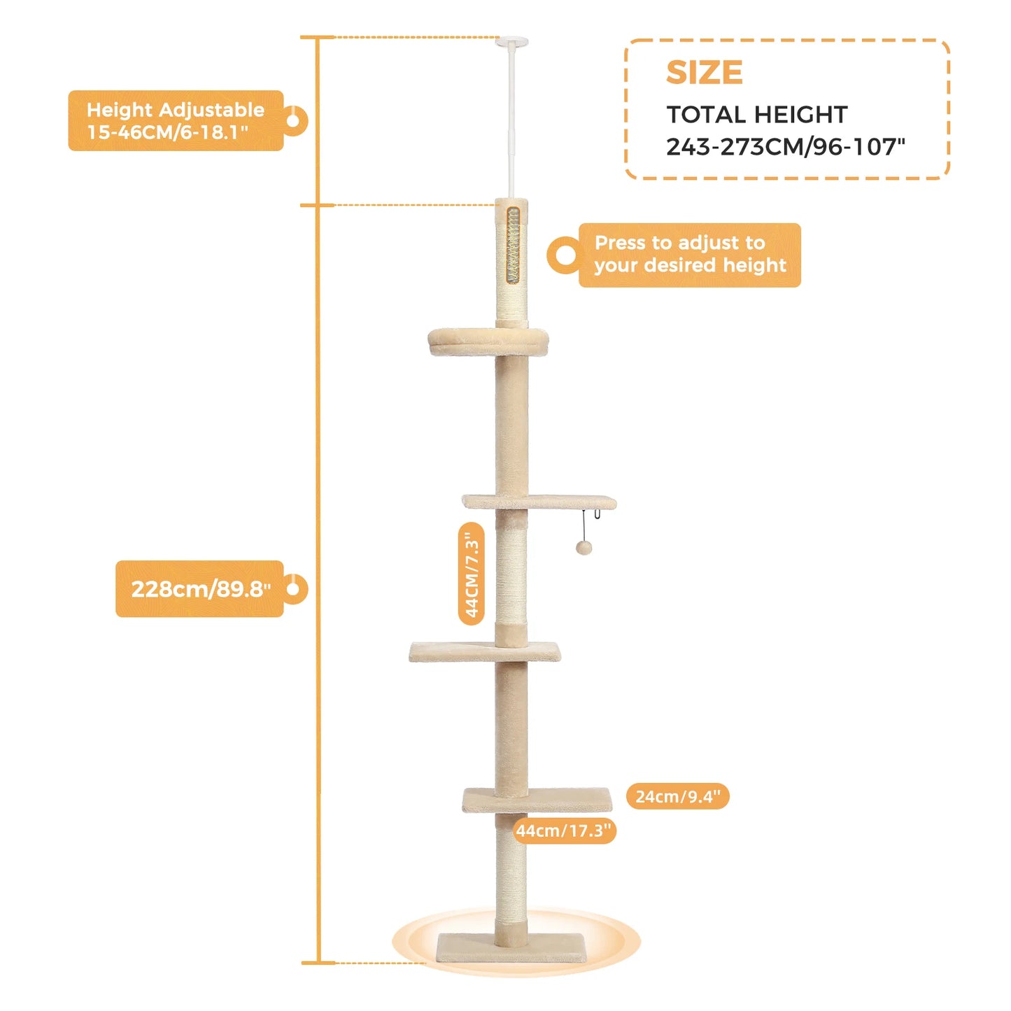 PEQULTICN Adjustable Height Cat Tree Floor to Ceiling Tower with Scratching Posts