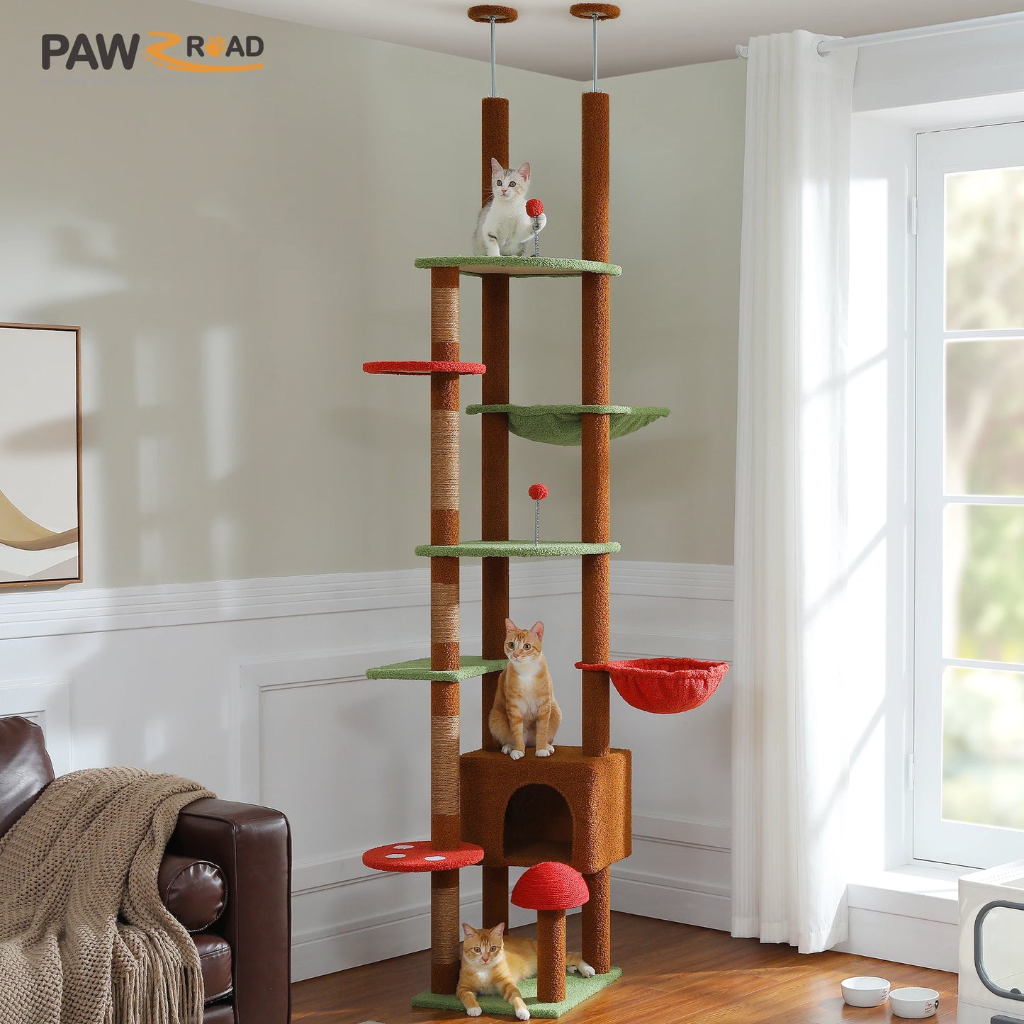 PETEPELACN Cat Tree Floor-To-Ceiling Tower With Condo Hammock
