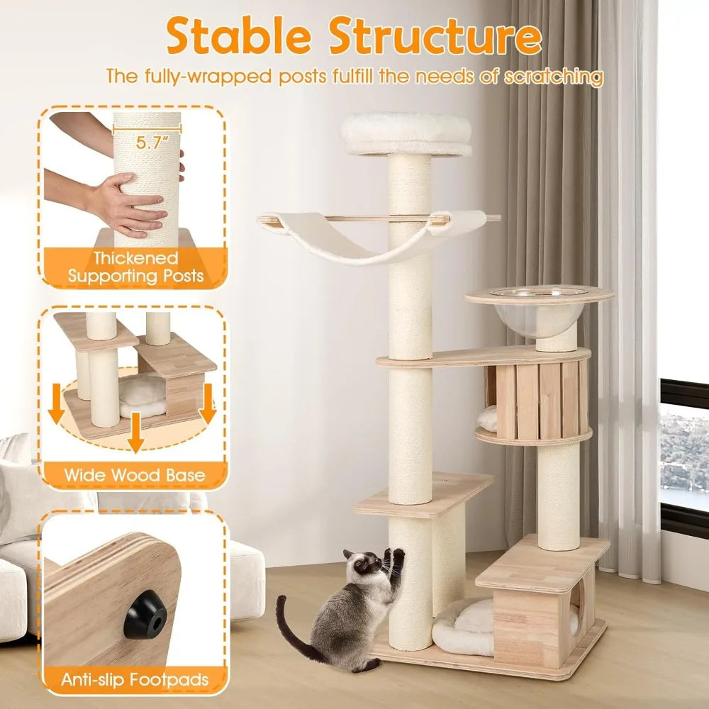 Tall Wood Cat Tree With Multi Level Condos And Posts