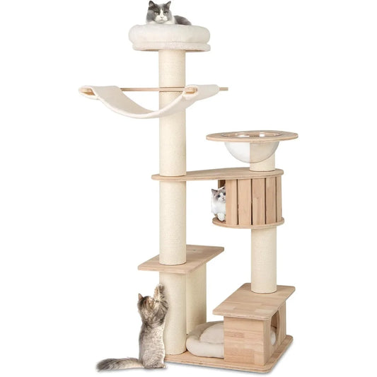 Tall Wood Cat Tree With Multi Level Condos And Posts