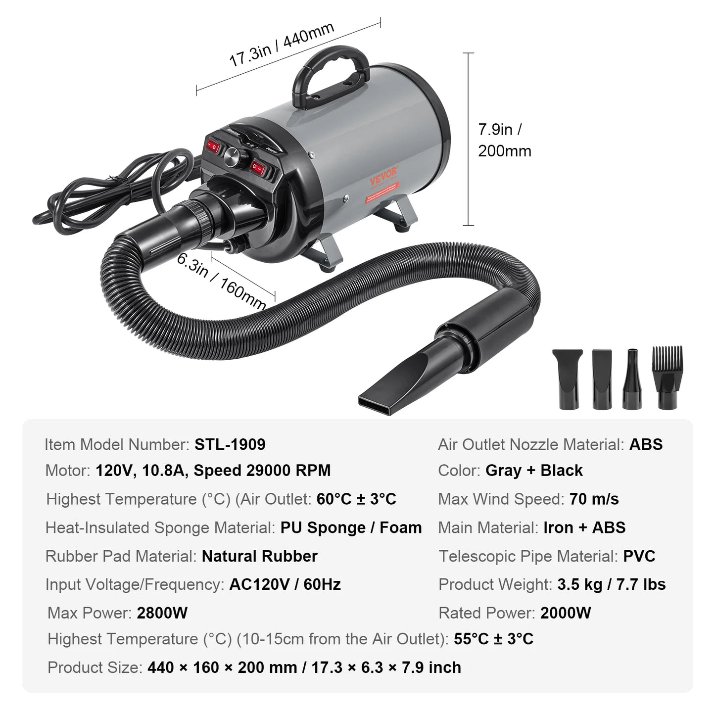 SucceBuy 2000W Dog Dryer With Adjustable Speed and Nozzles