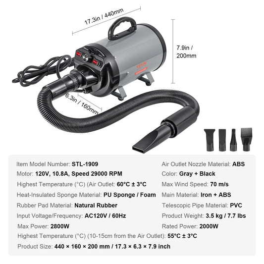 SucceBuy 2000W Dog Dryer With Adjustable Speed and Nozzles
