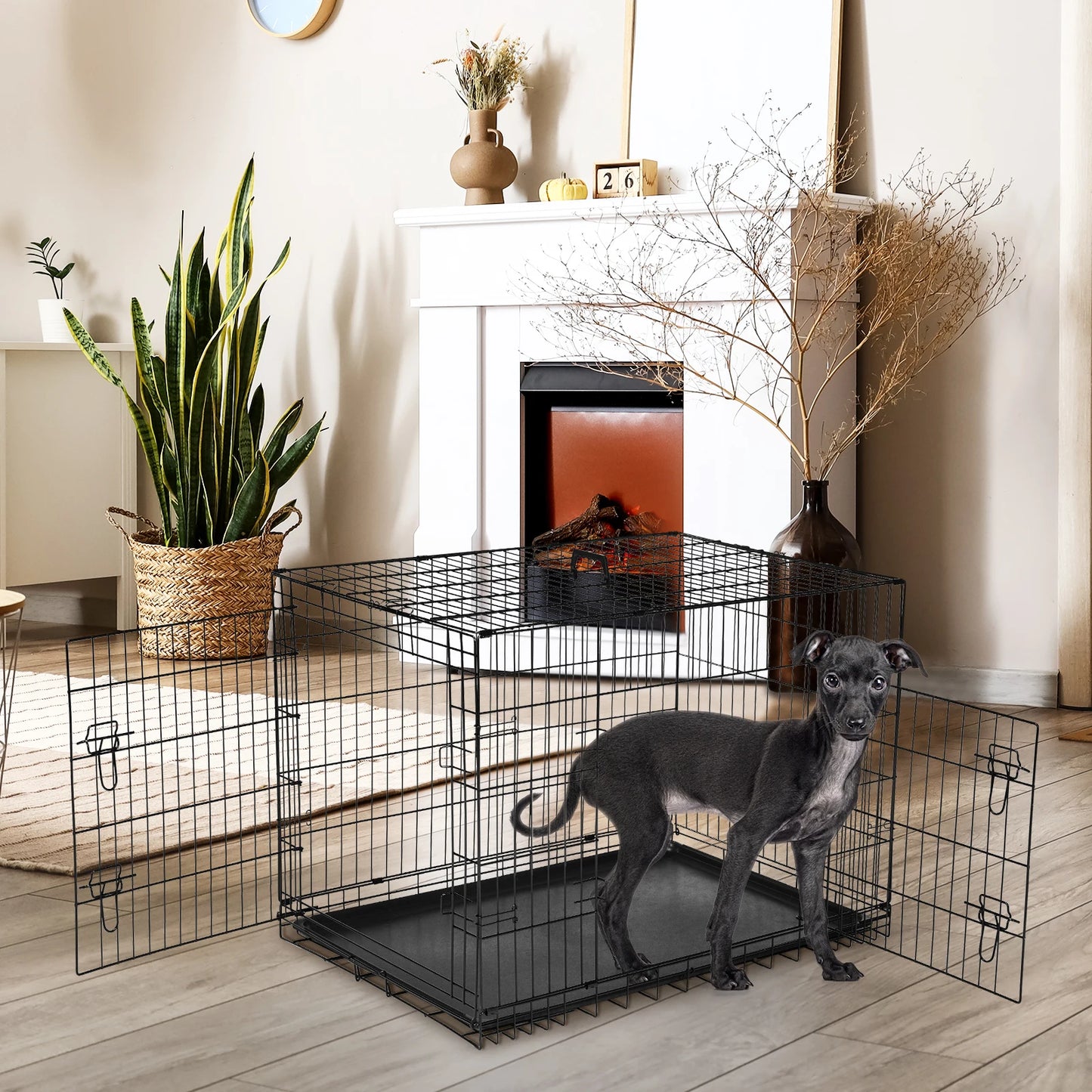 JHK Double Door Folding Metal Dog Cage With Leakproof Pan