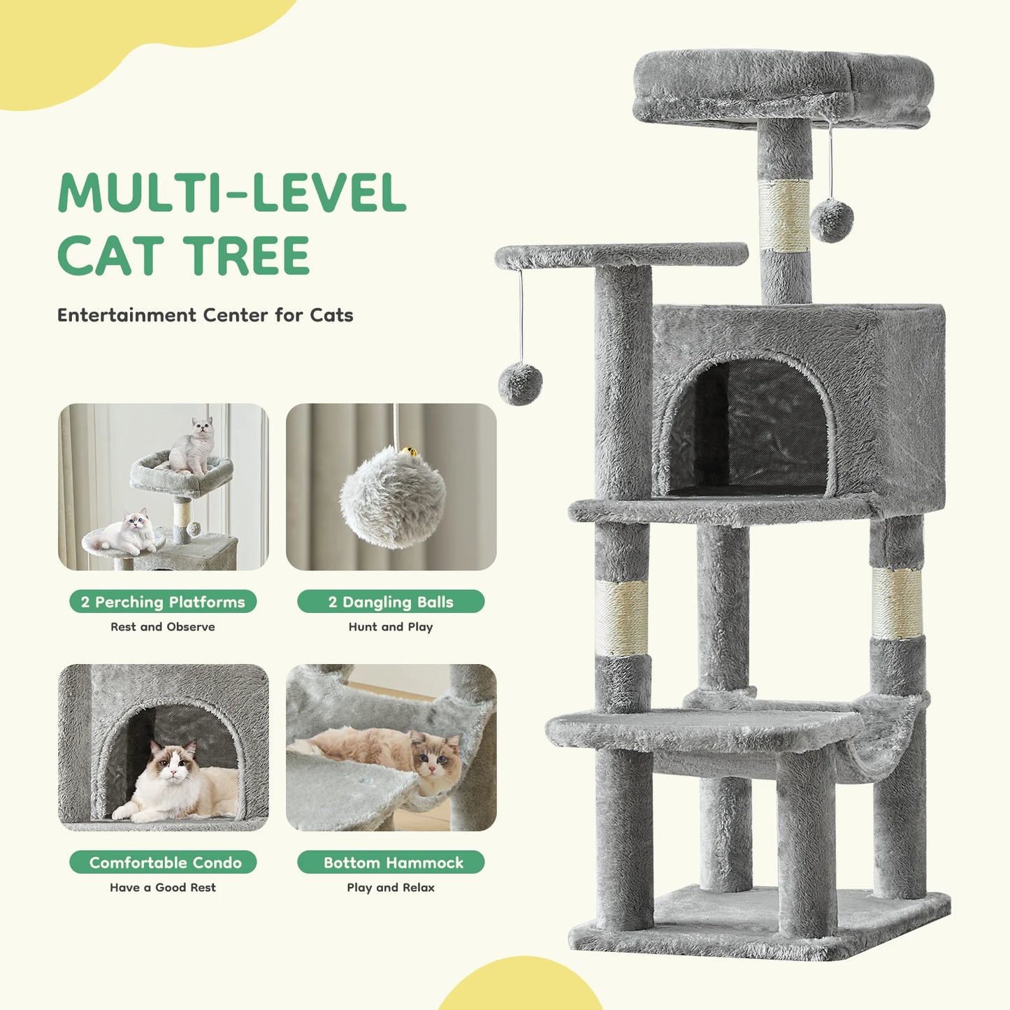 JHK Cat Tree Indoor Multi Cat Climbing Tower With Natural Sisal Posts