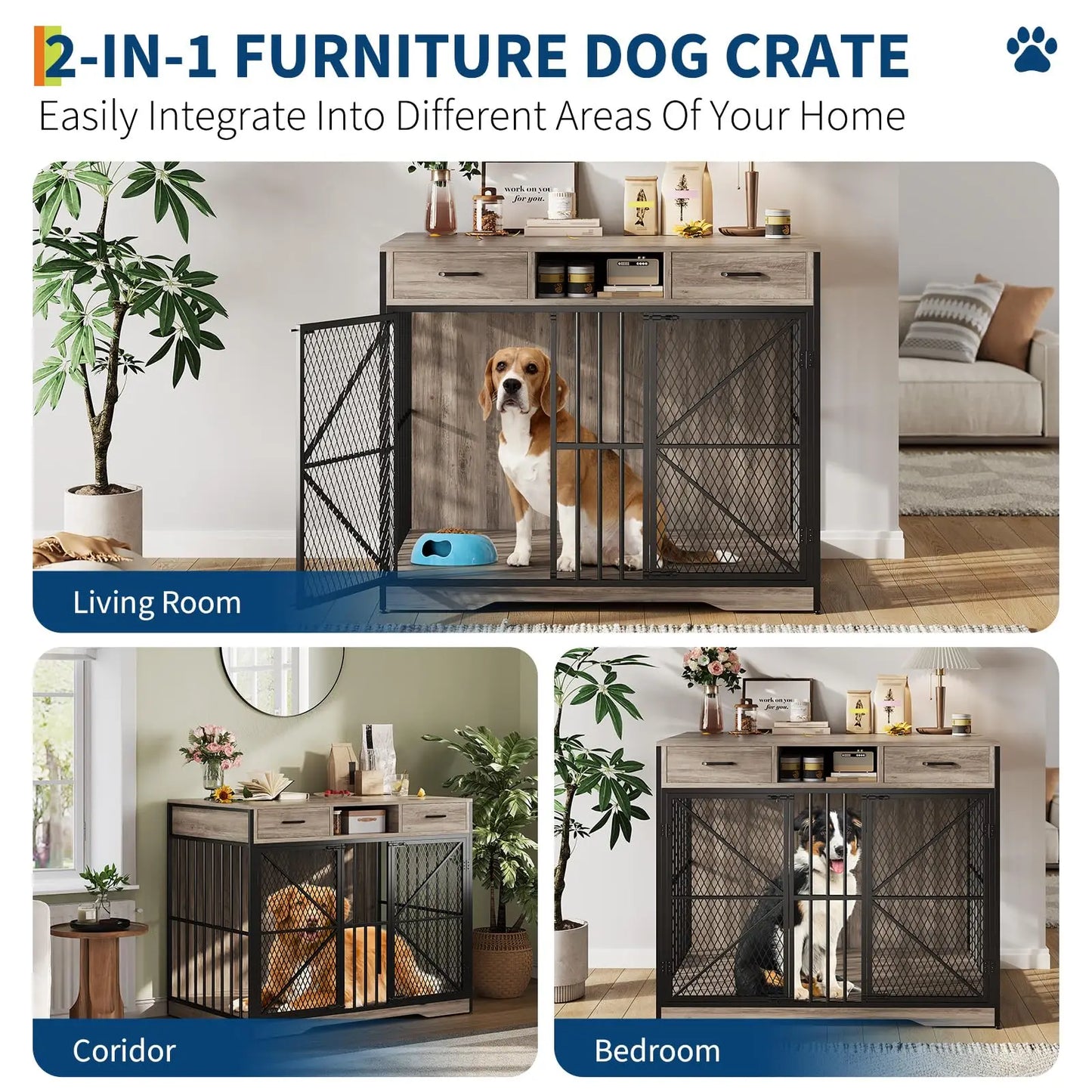 HiMISS Heavy Duty Dog Crate Furniture Kennel Table With Drawers