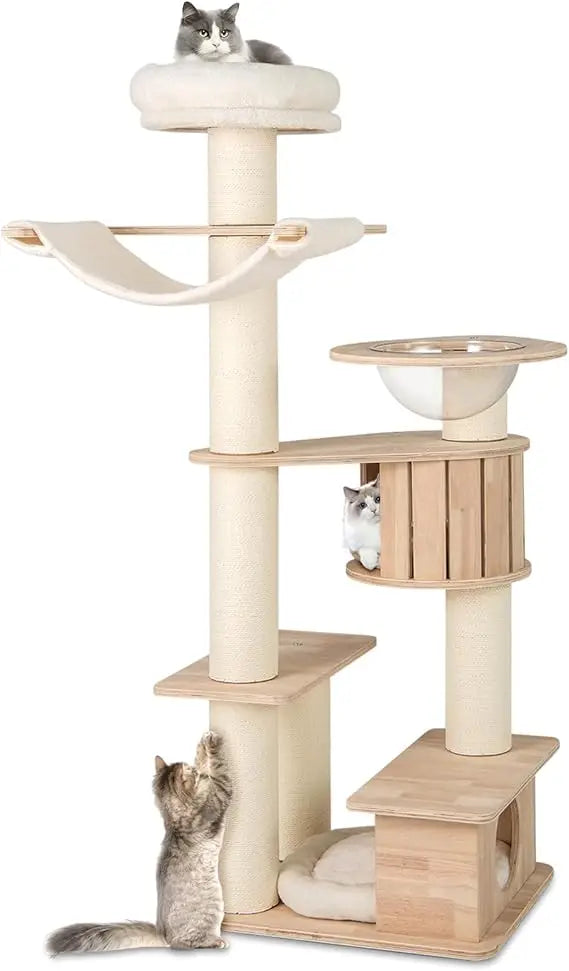 Tall Wood Cat Tree With Multi Level Condos And Posts