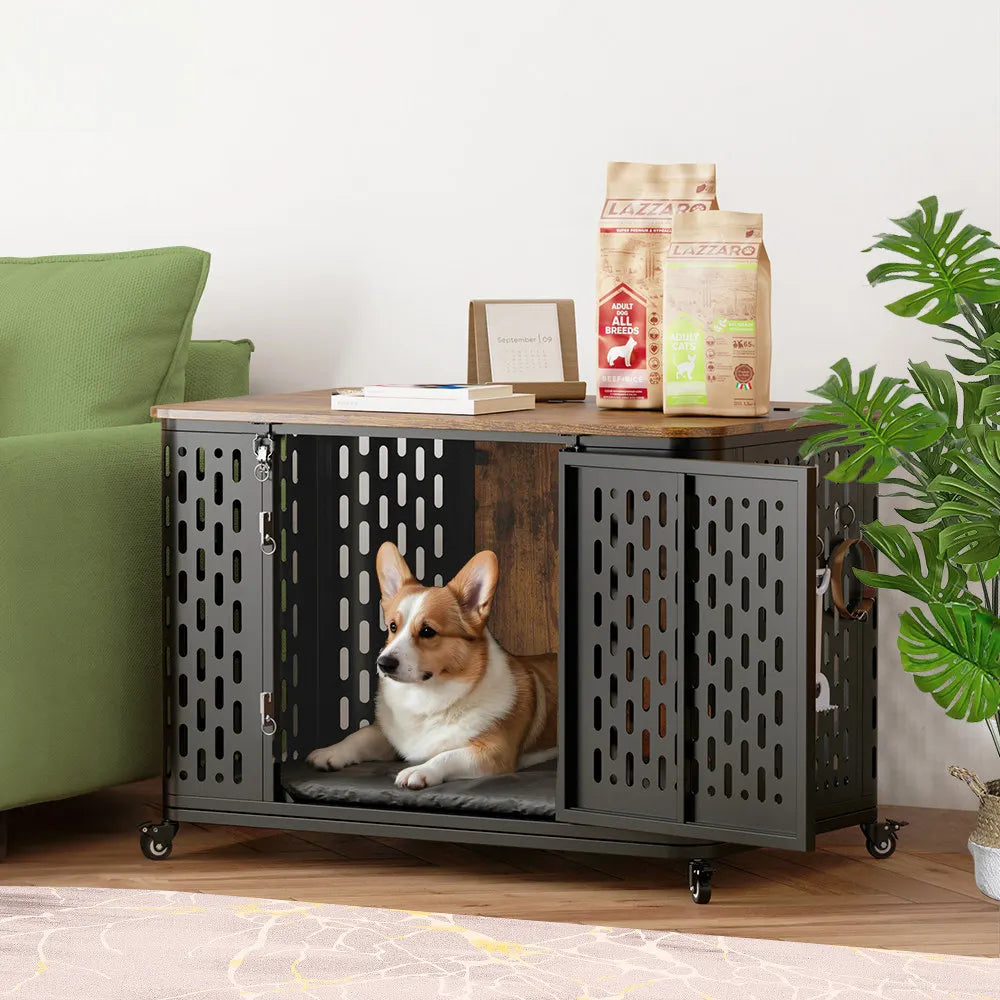 Onbrill Dog Crate Pet Furniture Wood Kennel With Cushion And Wheels