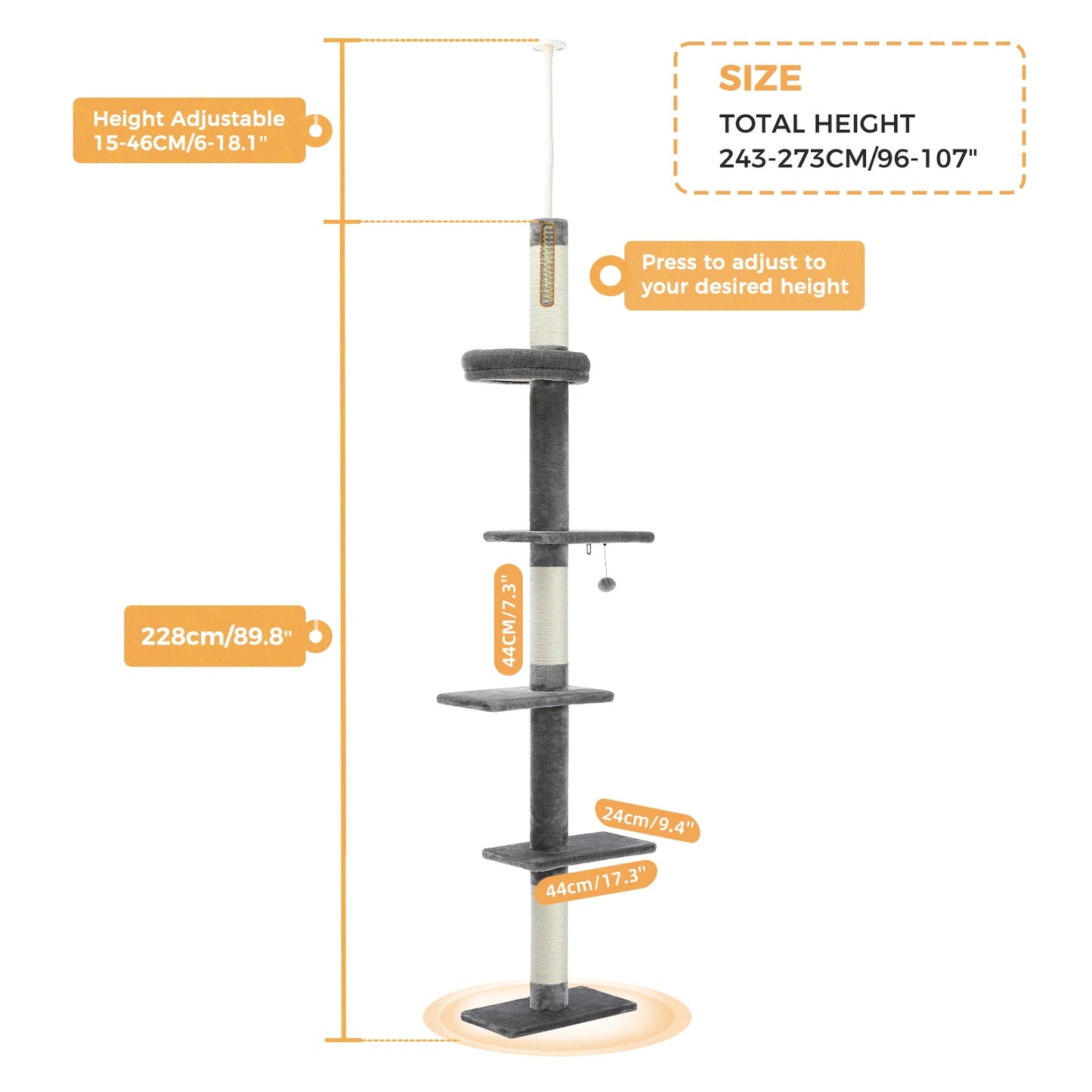 PEQULTICN Adjustable Height Cat Tree Floor to Ceiling Tower with Scratching Posts