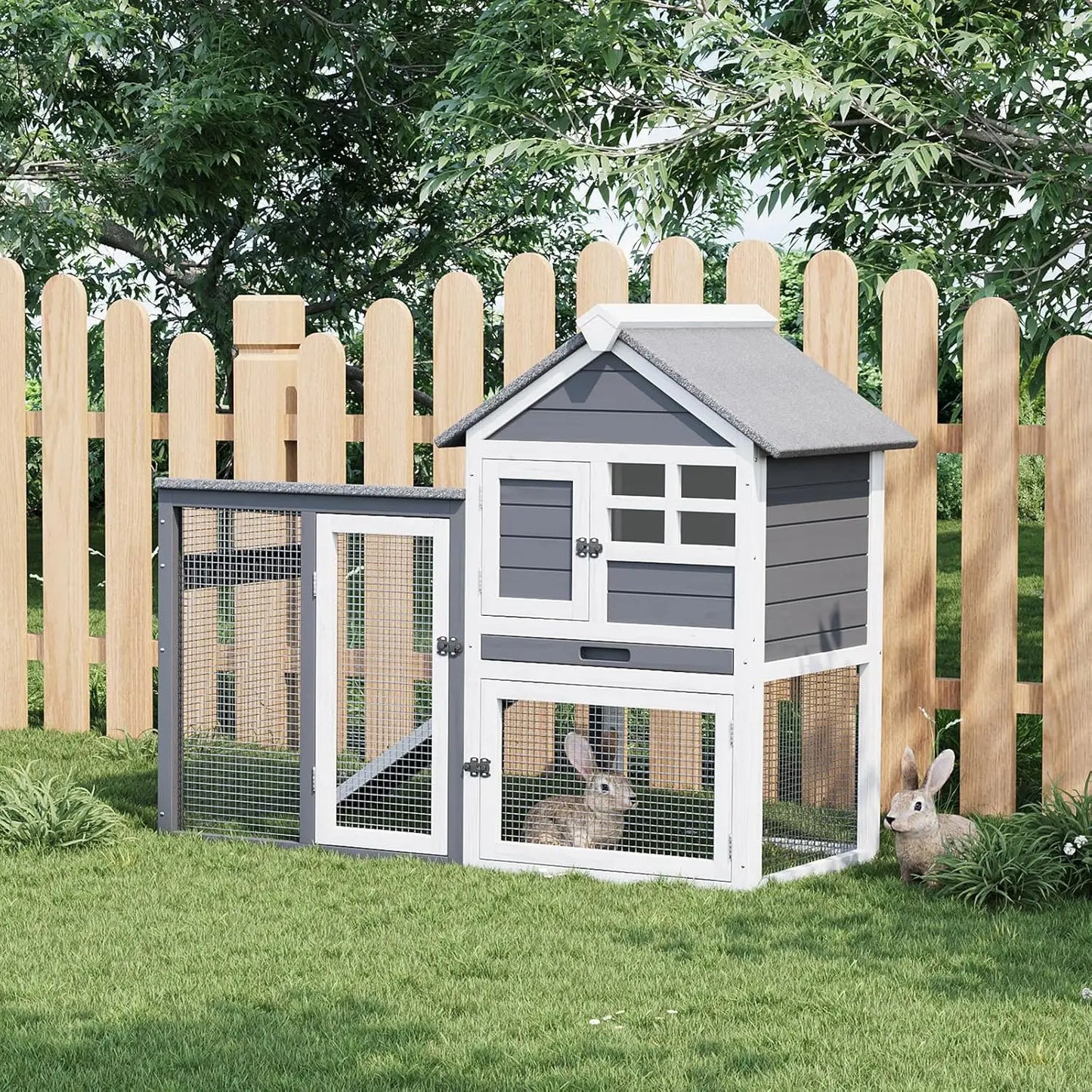 HiMISSCN Rabbit Hutch Two Story Indoor Outdoor Cage With Ramp