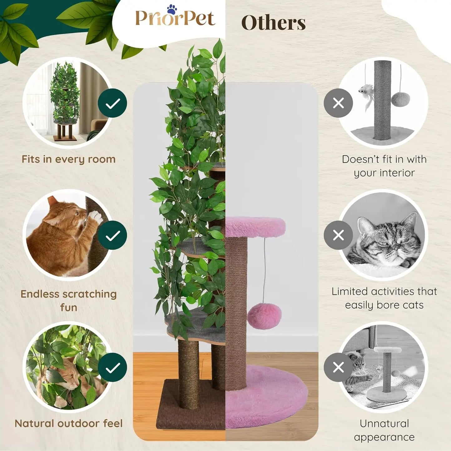 Stable Cat Tree With Leaves, Space Saving 4 Levels and Scratching Posts