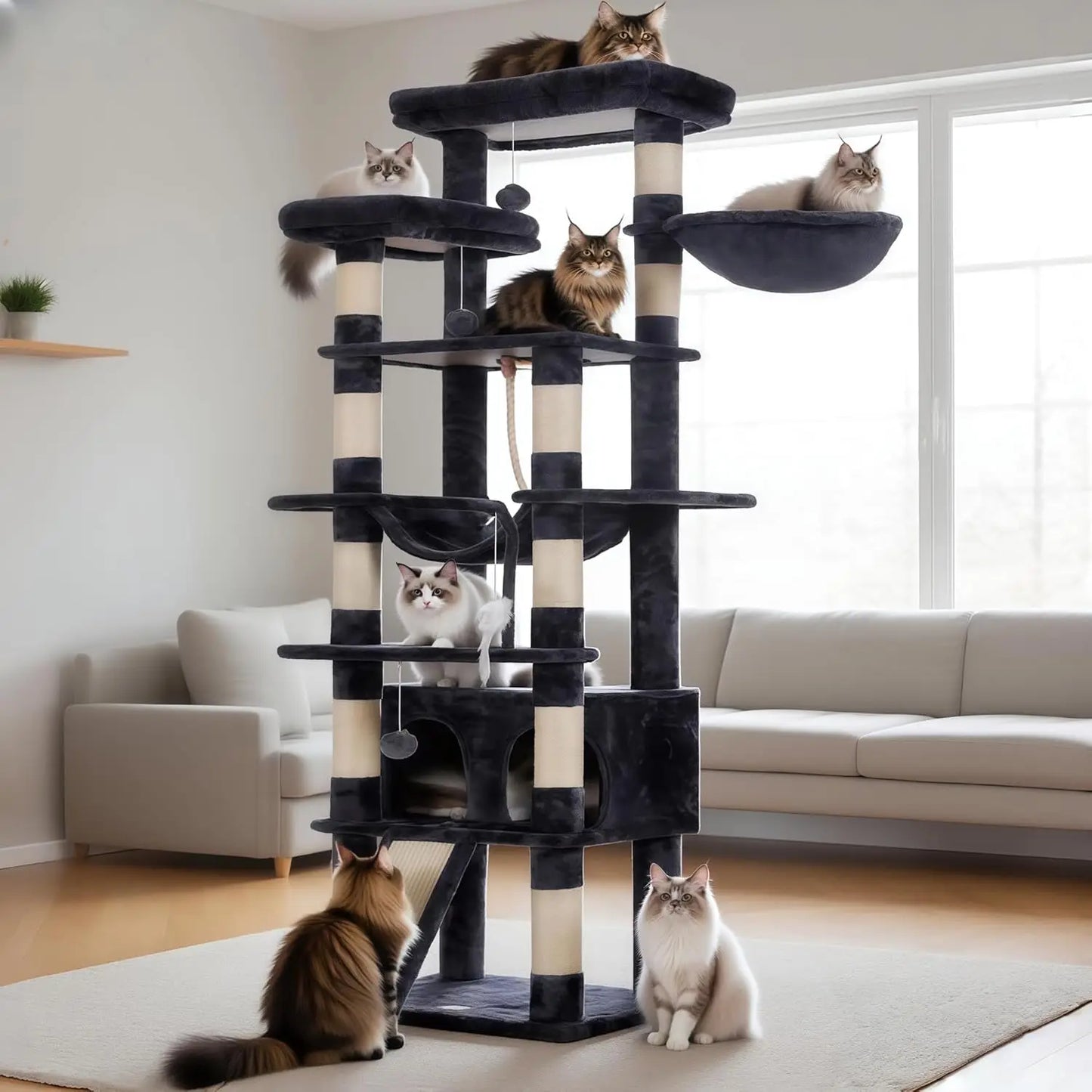 Multi Level Cat Tower With Plush Perches And Caves For Indoor Cats
