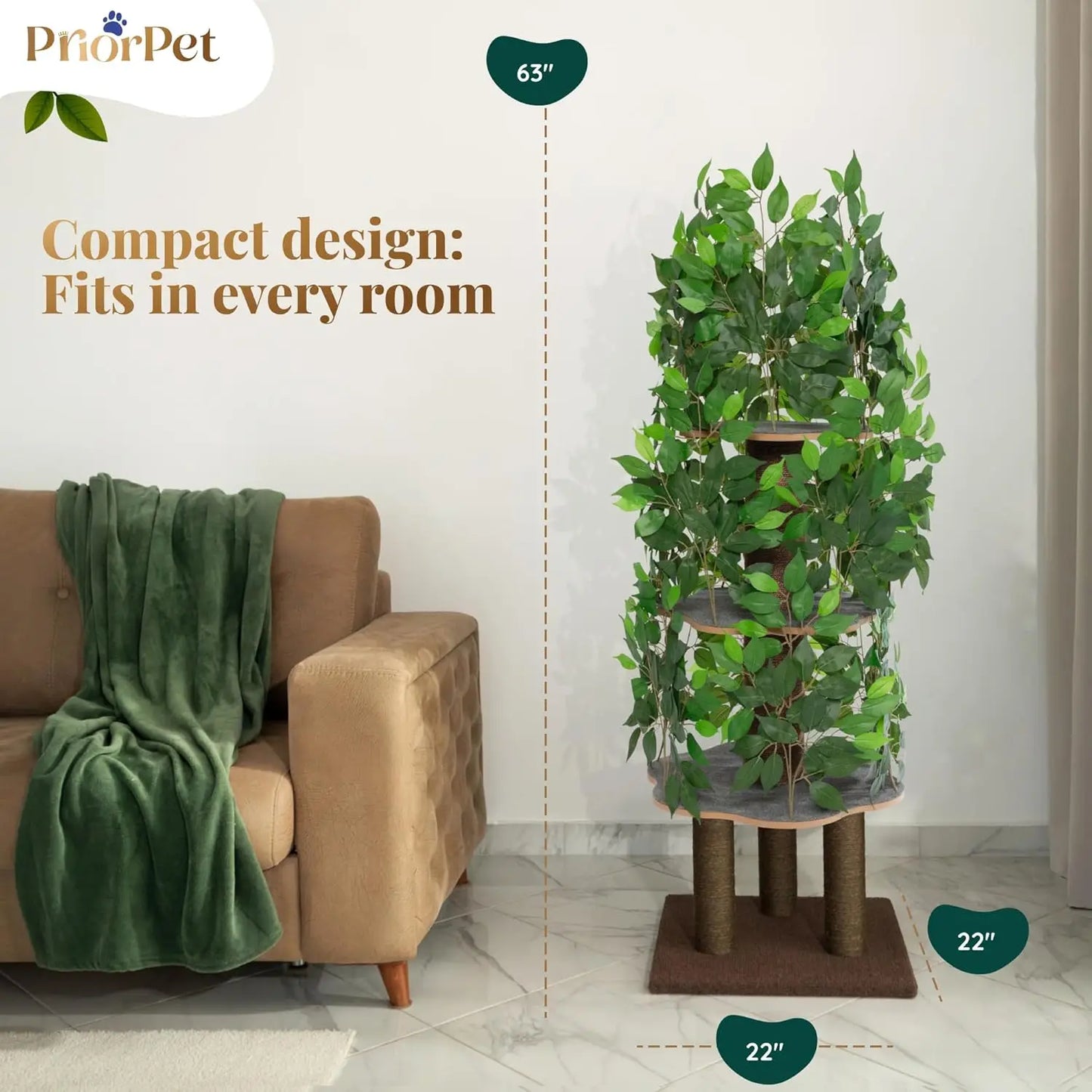 Stable Cat Tree With Leaves, Space Saving 4 Levels and Scratching Posts