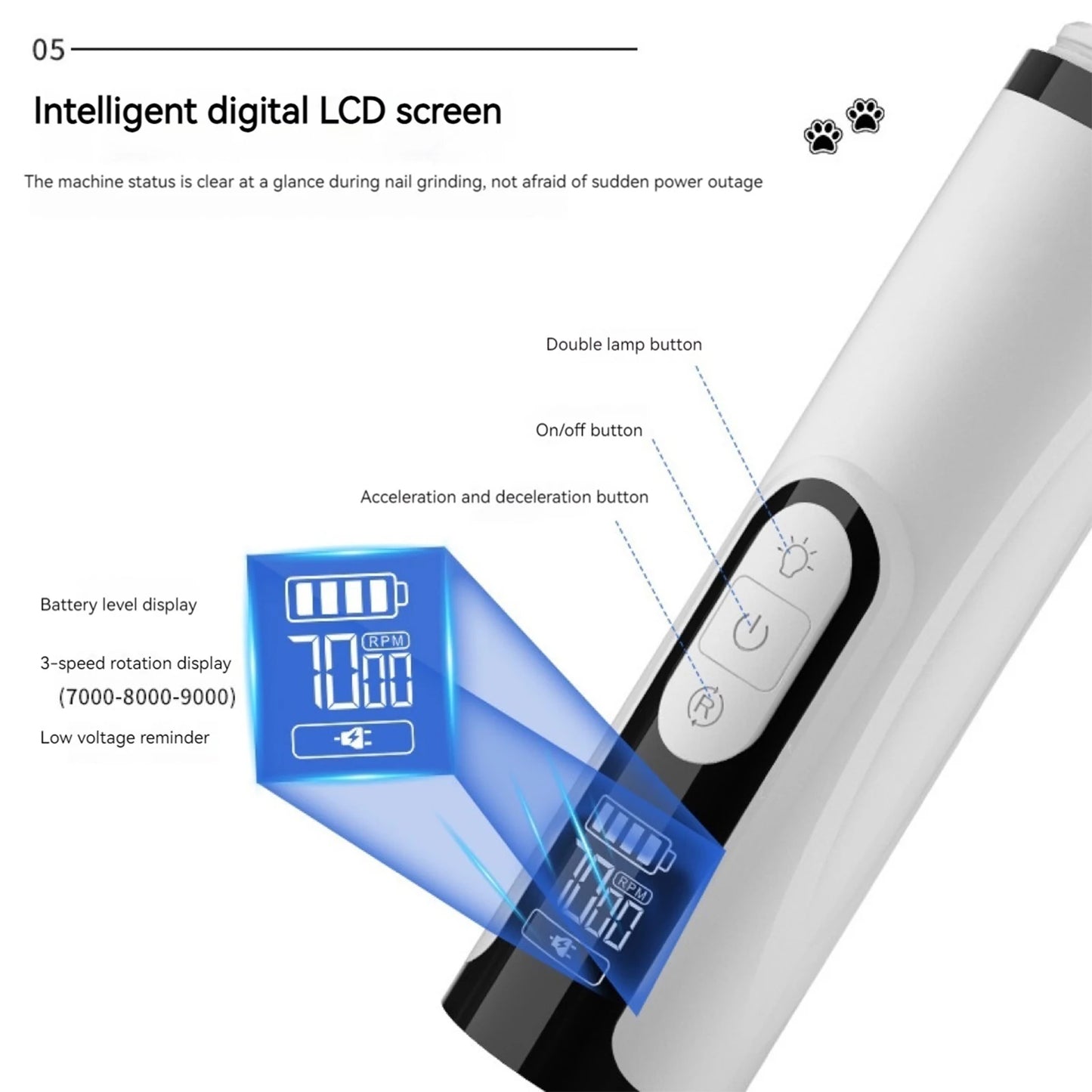 APWIKOGER Electric Pet Nail Grinder Rechargeable Trimmer With 2 Led Lights