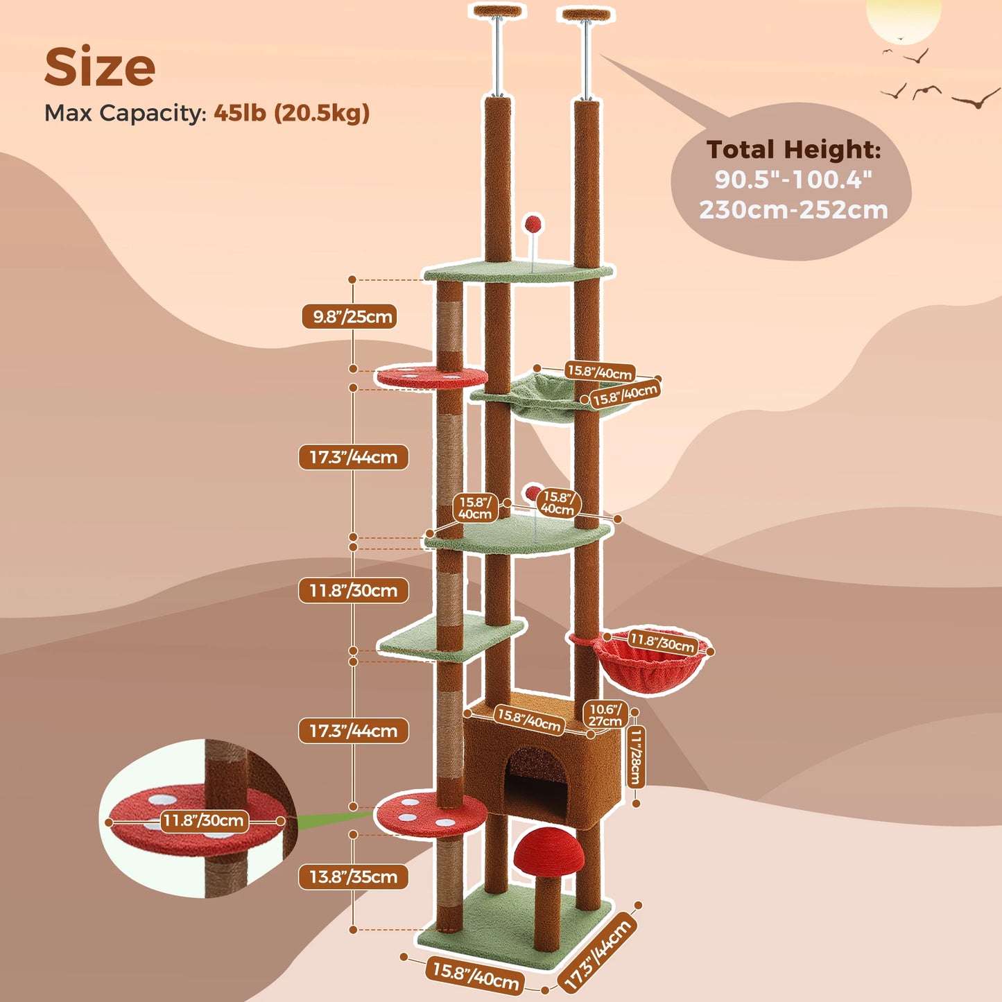 PETEPELACN Cat Tree Floor-To-Ceiling Tower With Condo Hammock