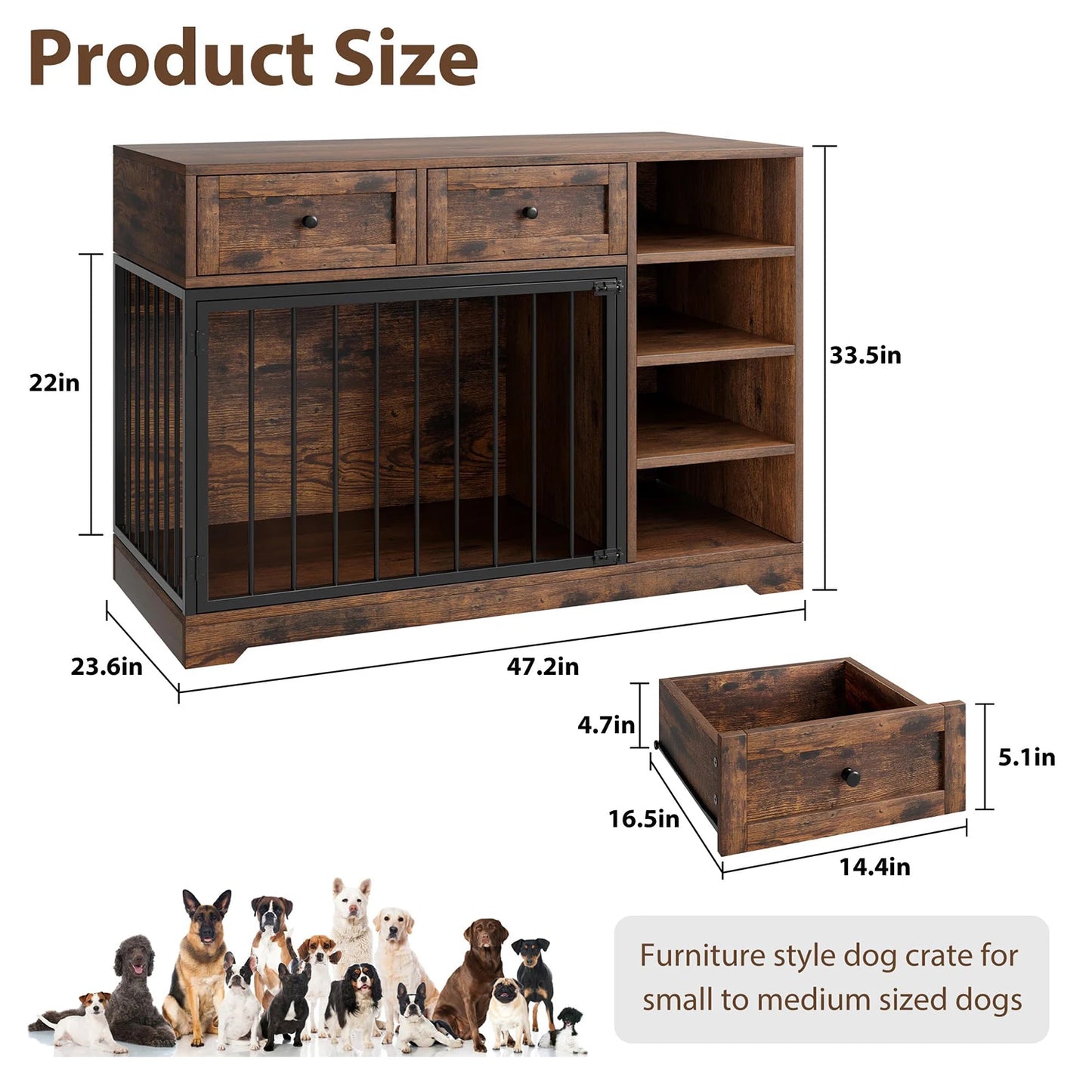HiMISSDog Dog Crate Furniture TV Stand With Drawers And Shelves