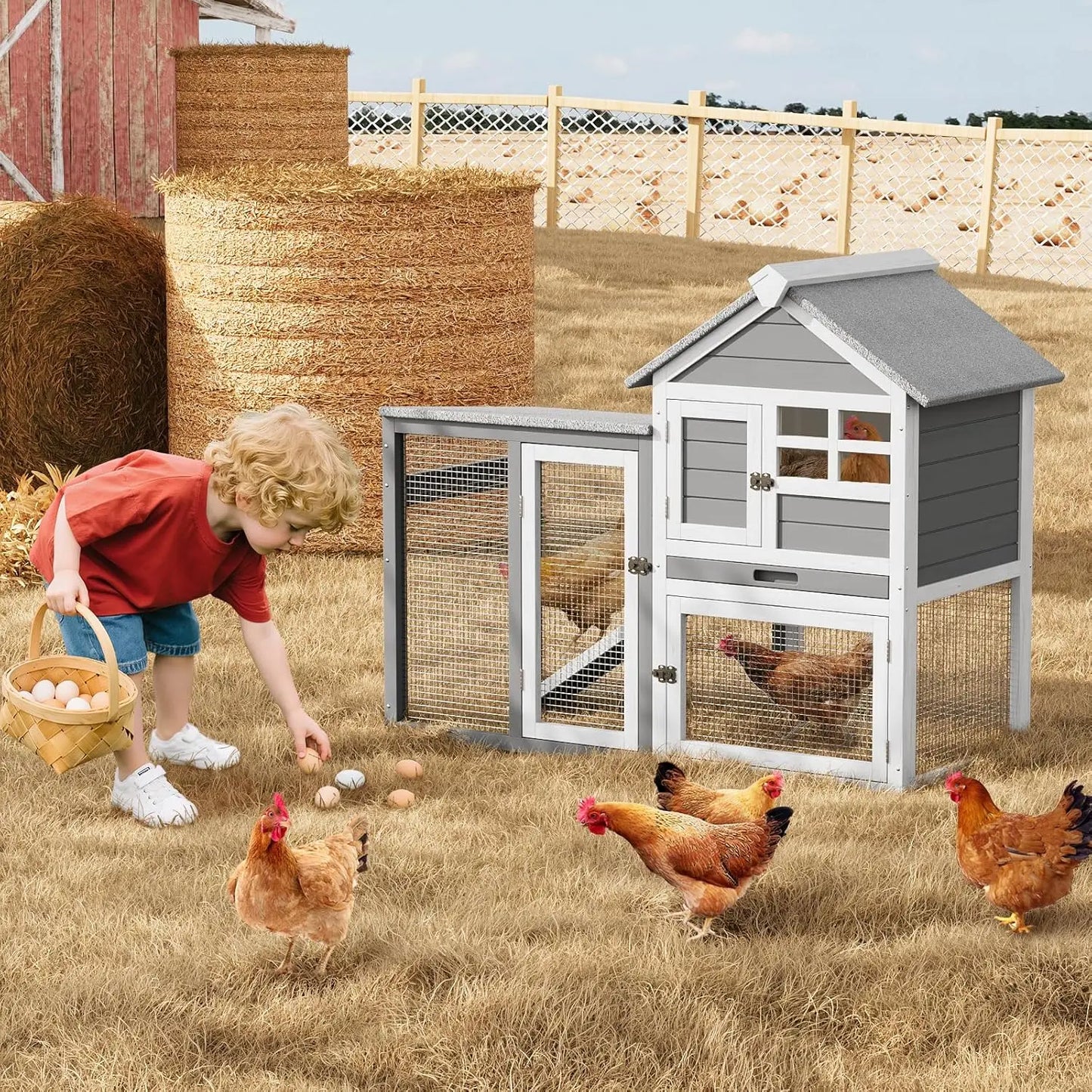 HiMISSCN Rabbit Hutch Two Story Indoor Outdoor Cage With Ramp