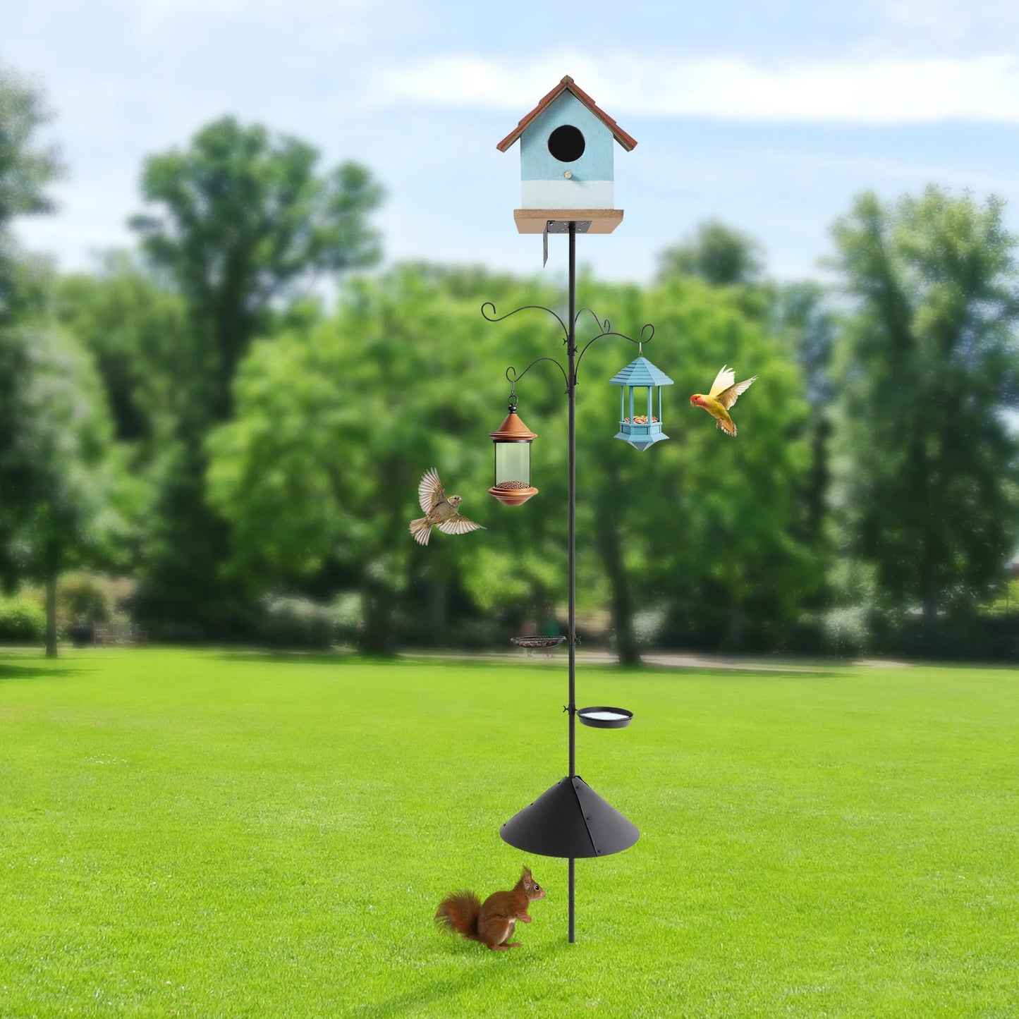 Iron Outdoor Bird Feeder With Adjustable Pole And Squirrel Baffle