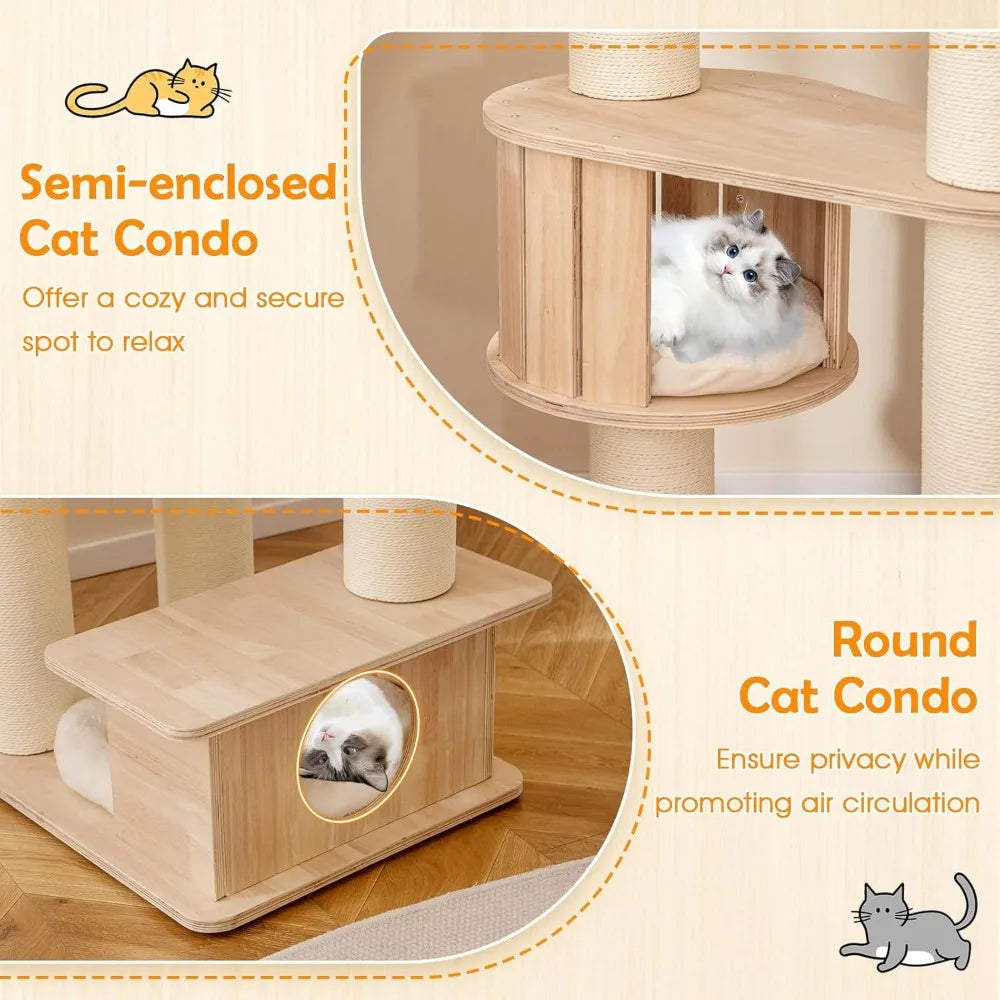 Tall Wood Cat Tree With Multi Level Condos And Posts